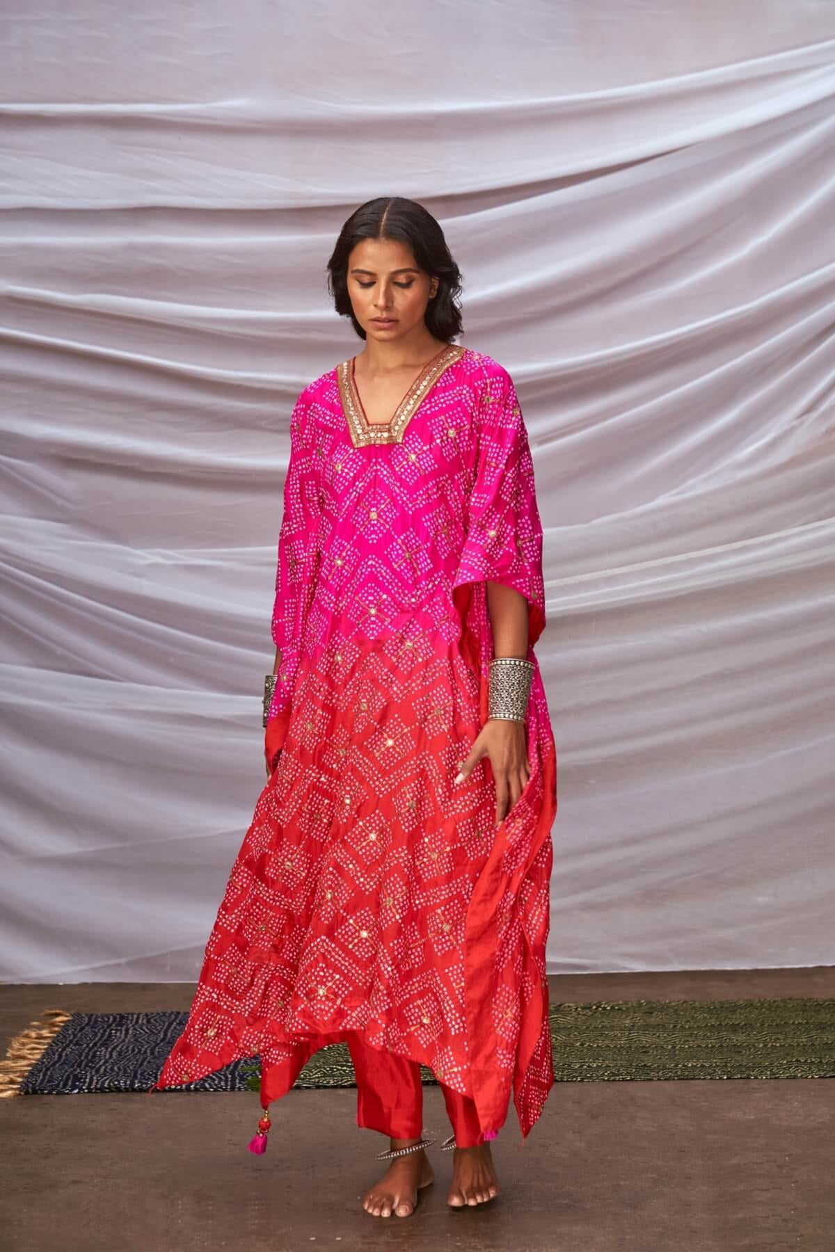 Pink red ombré bandhani kaftan