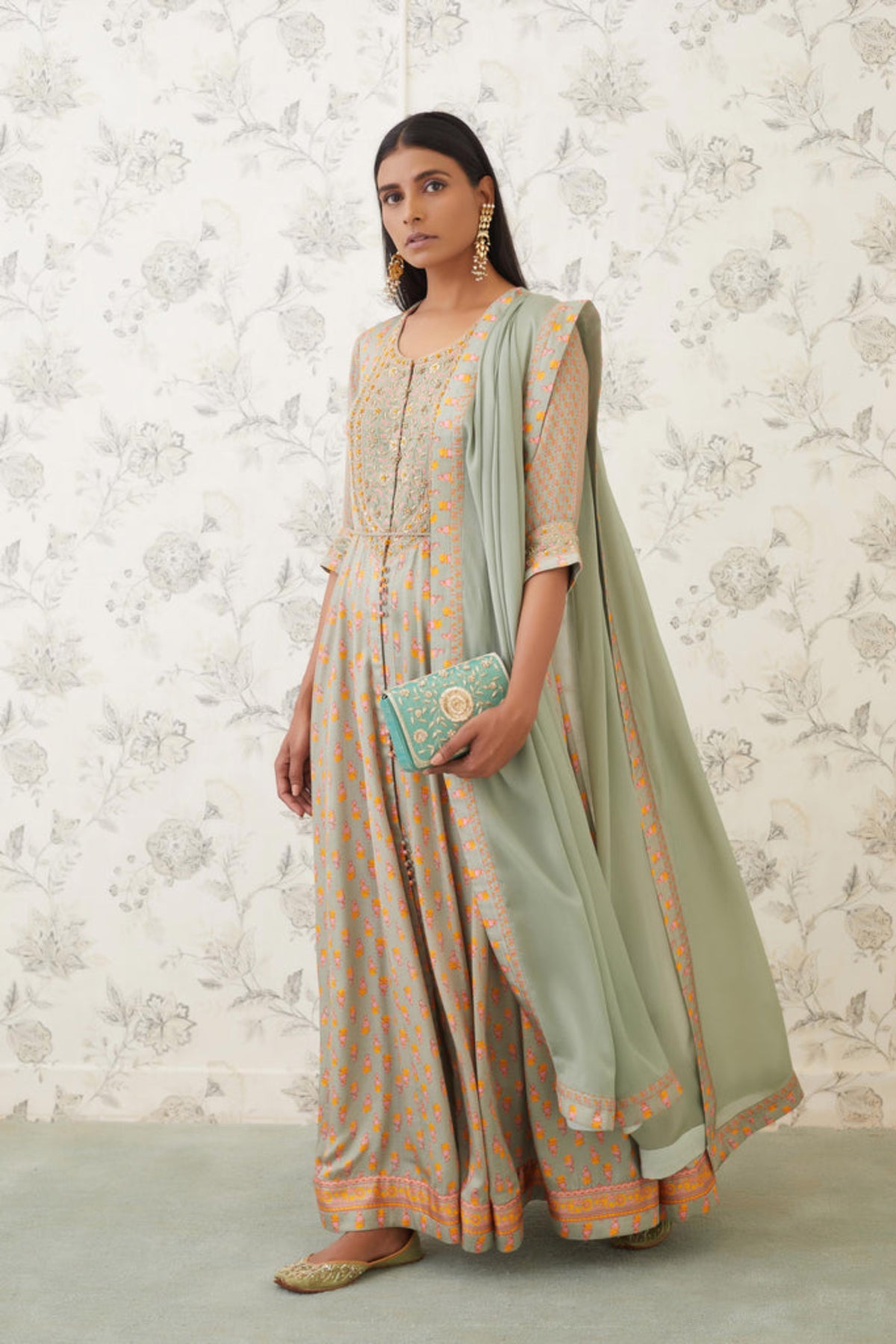Light olive green zardozi anarkali set
