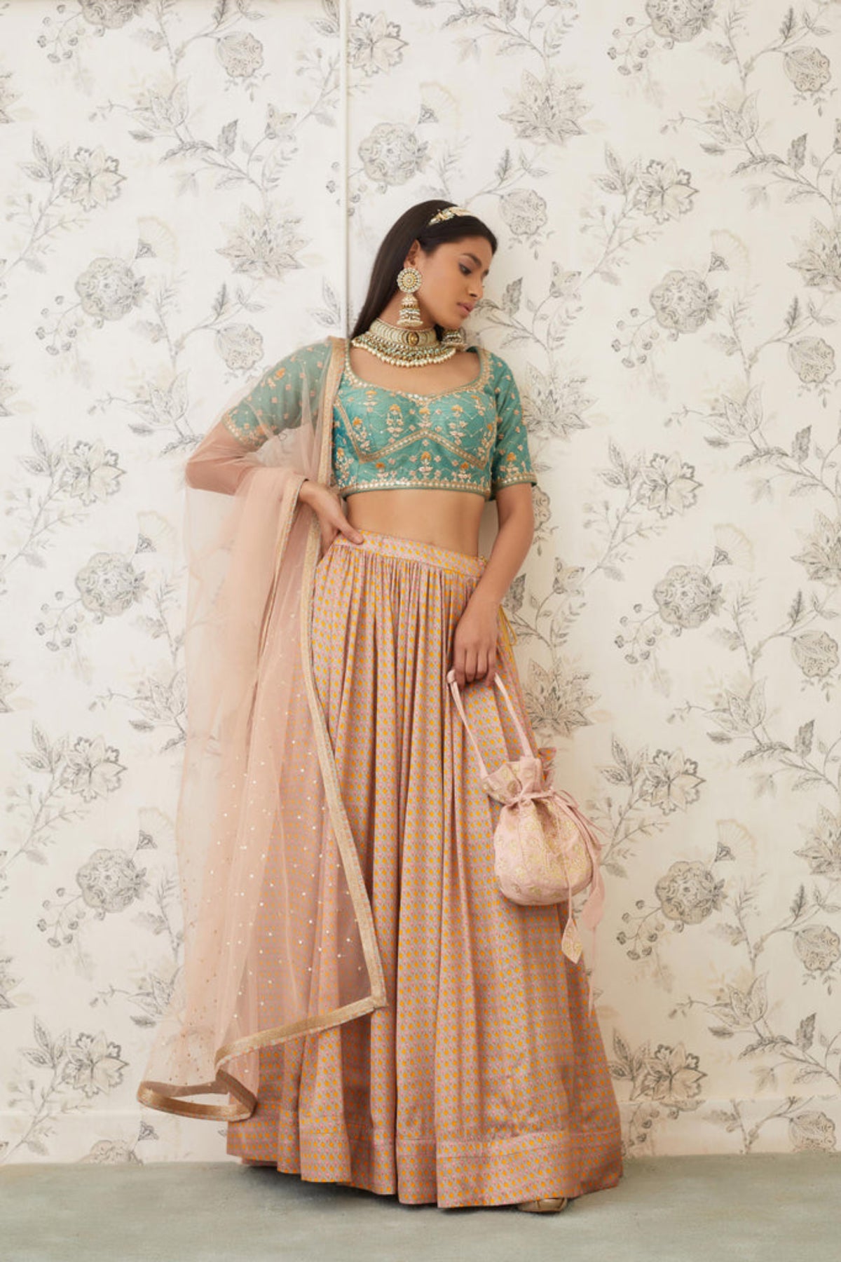Green and beige lehenga set