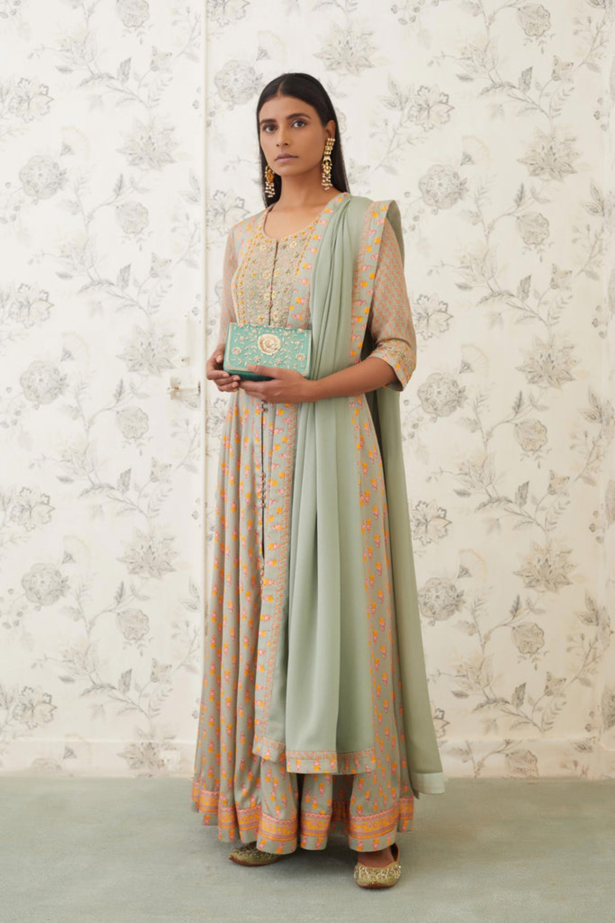 Light olive green zardozi anarkali set