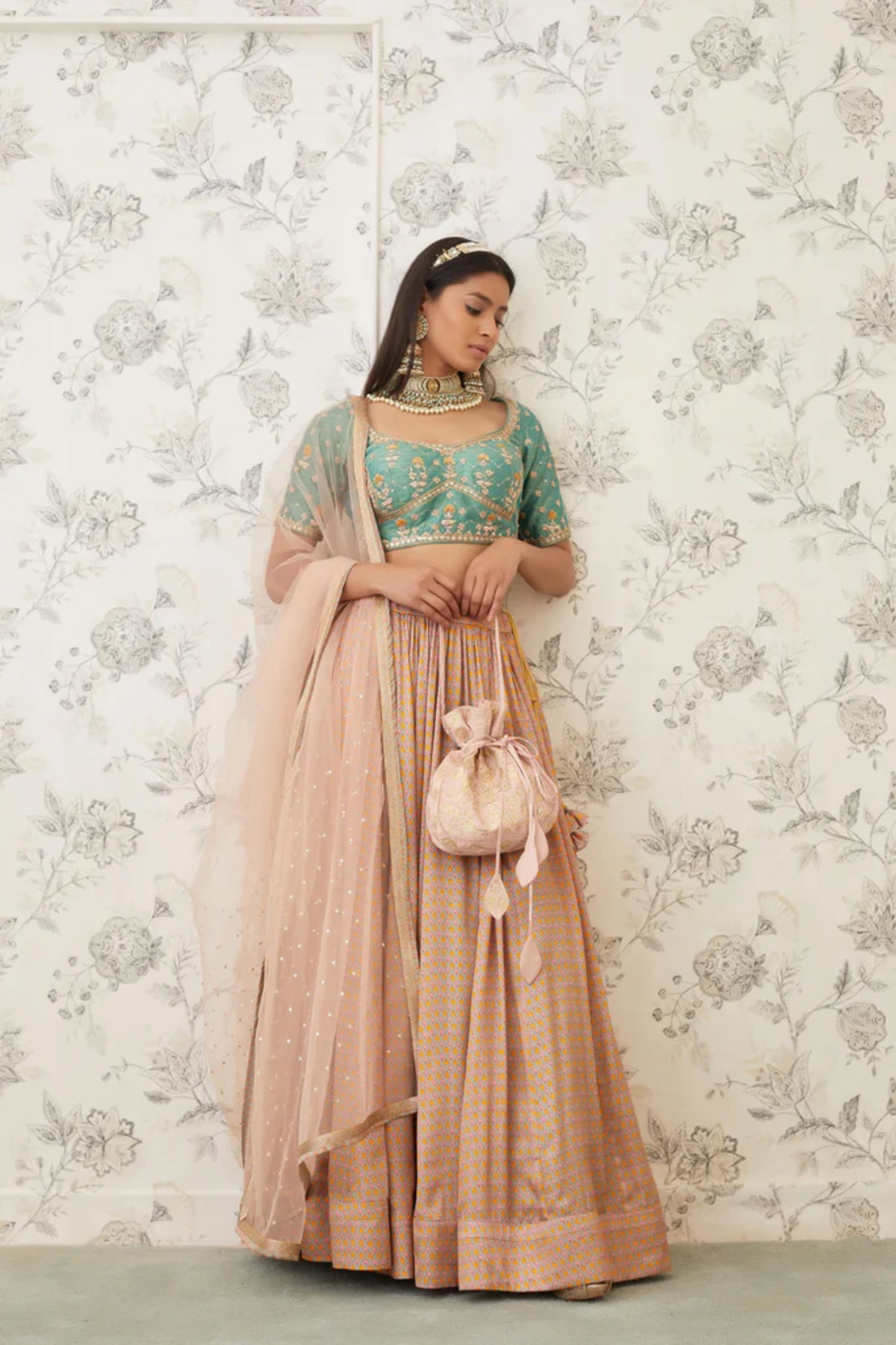 Green and beige lehenga set