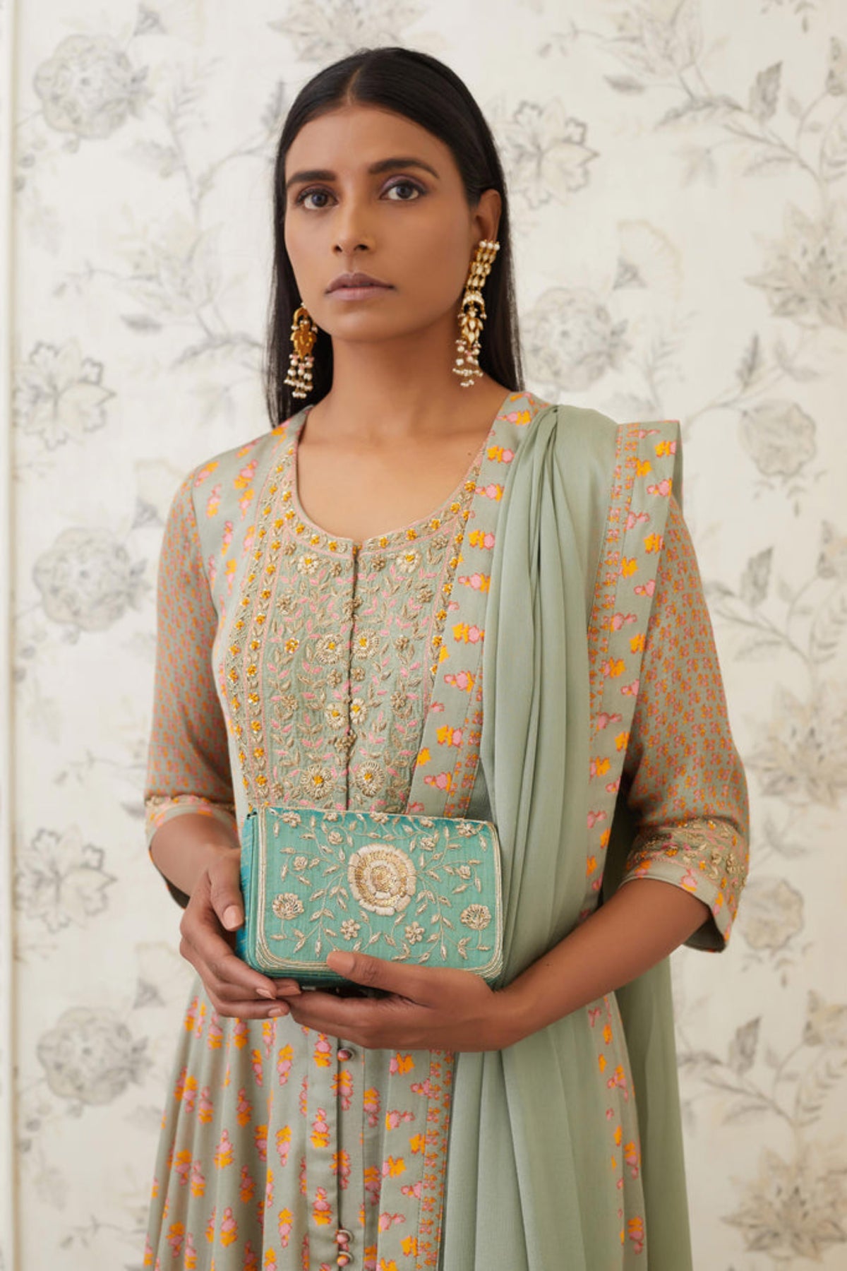 Light olive green zardozi anarkali set
