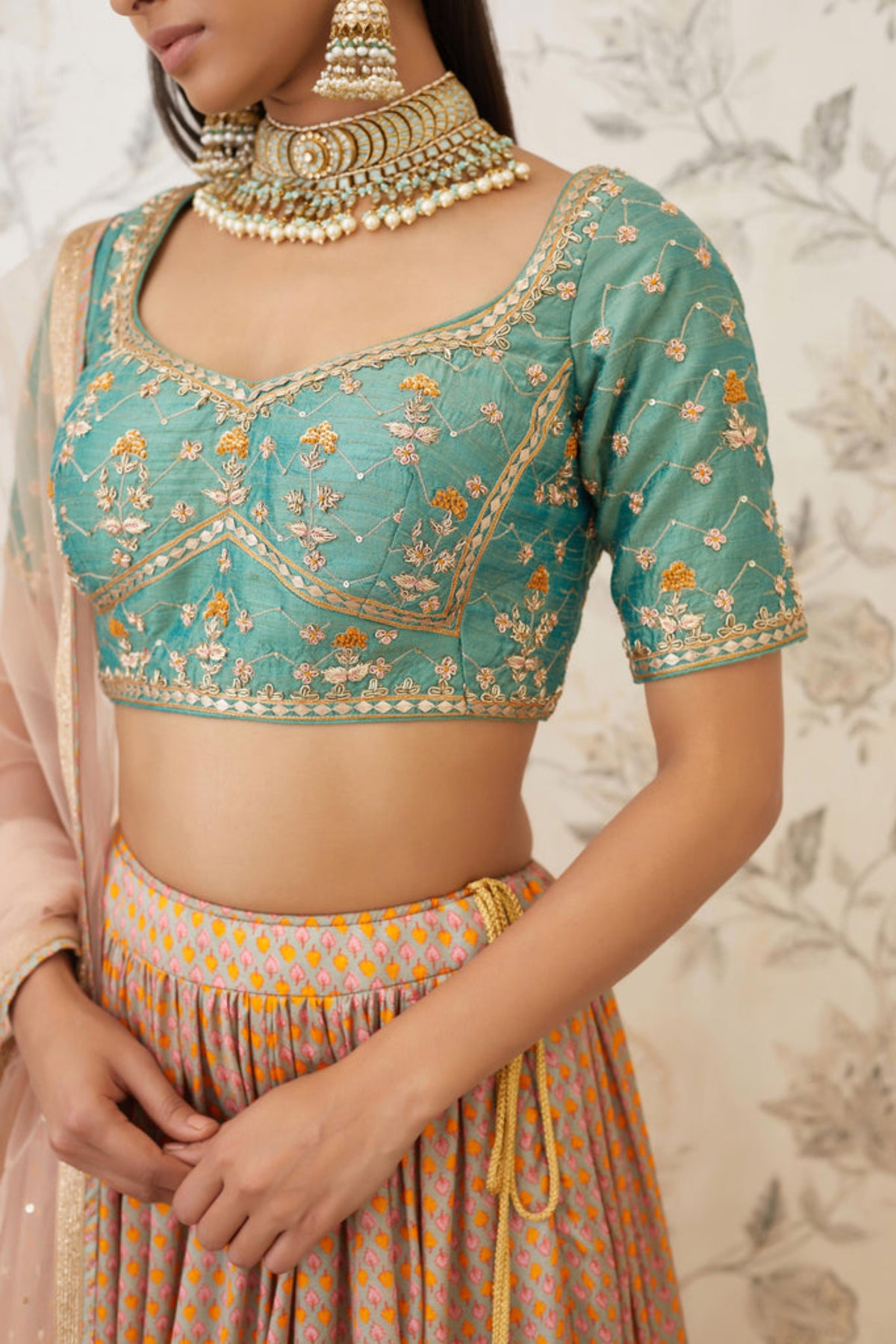 Green and beige lehenga set