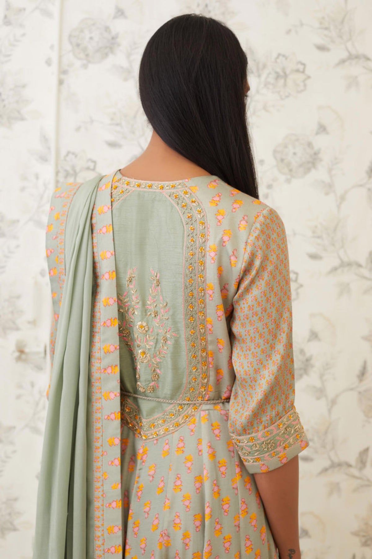 Light olive green zardozi anarkali set