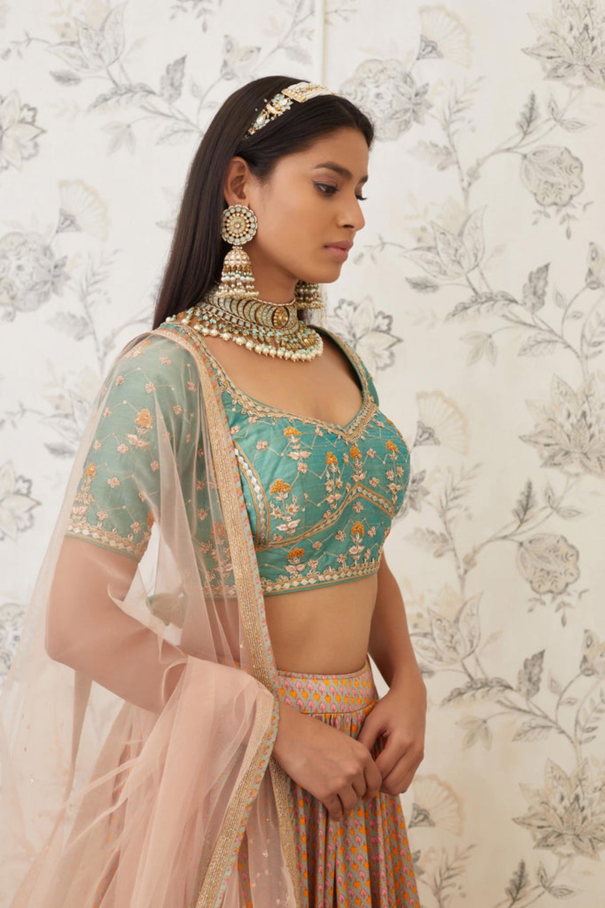 Green and beige lehenga set