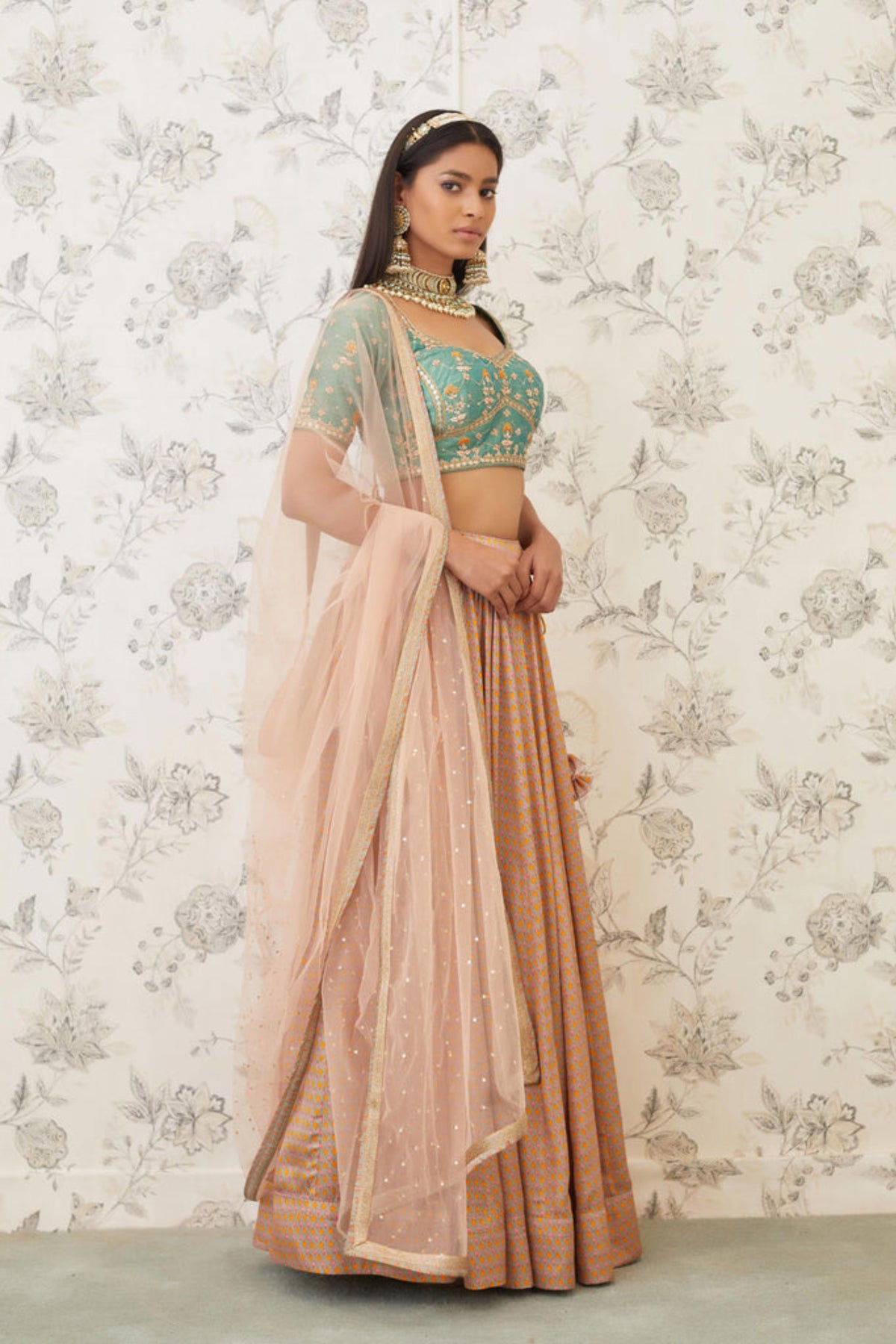 Green and beige lehenga set
