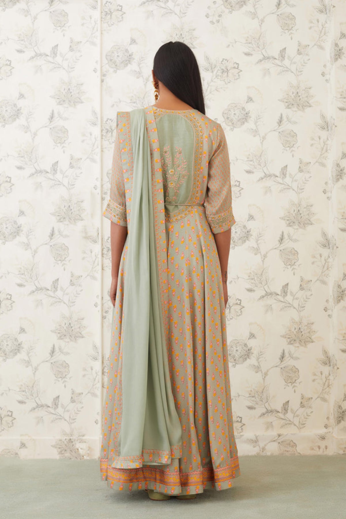 Light olive green zardozi anarkali set
