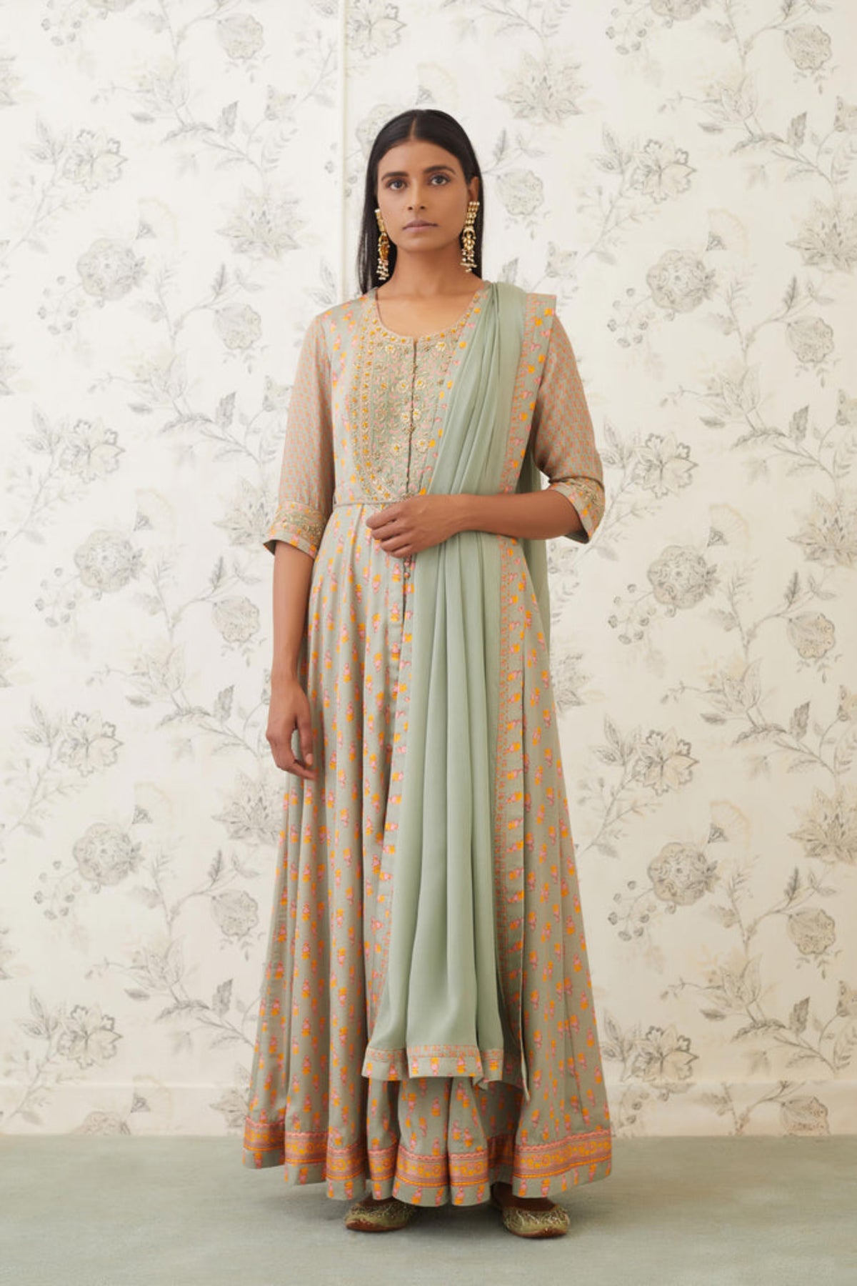 Light olive green zardozi anarkali set
