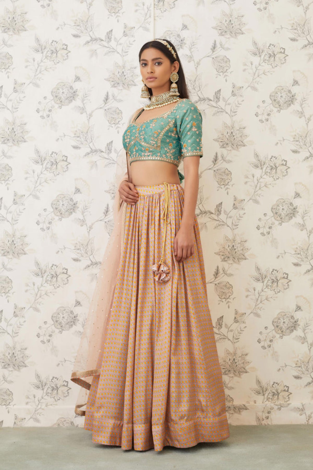 Green and beige lehenga set