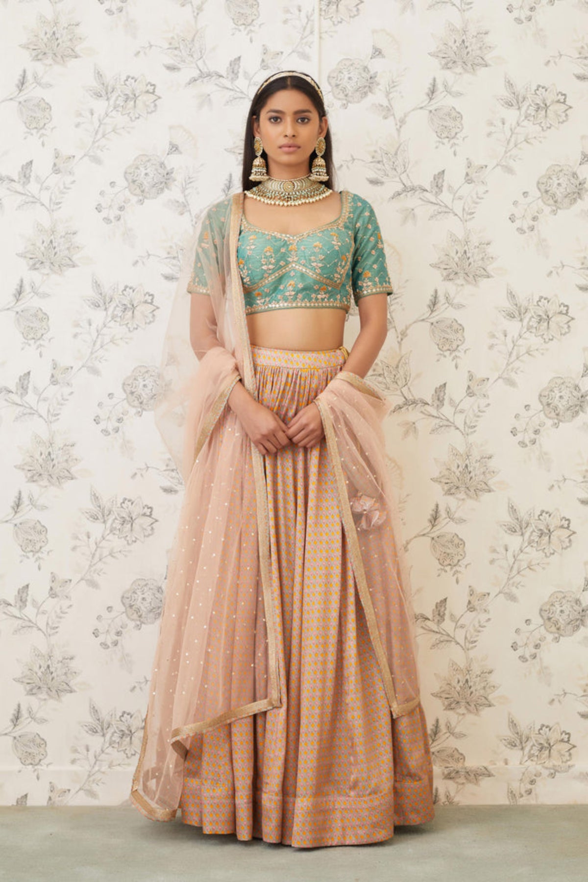 Green and beige lehenga set
