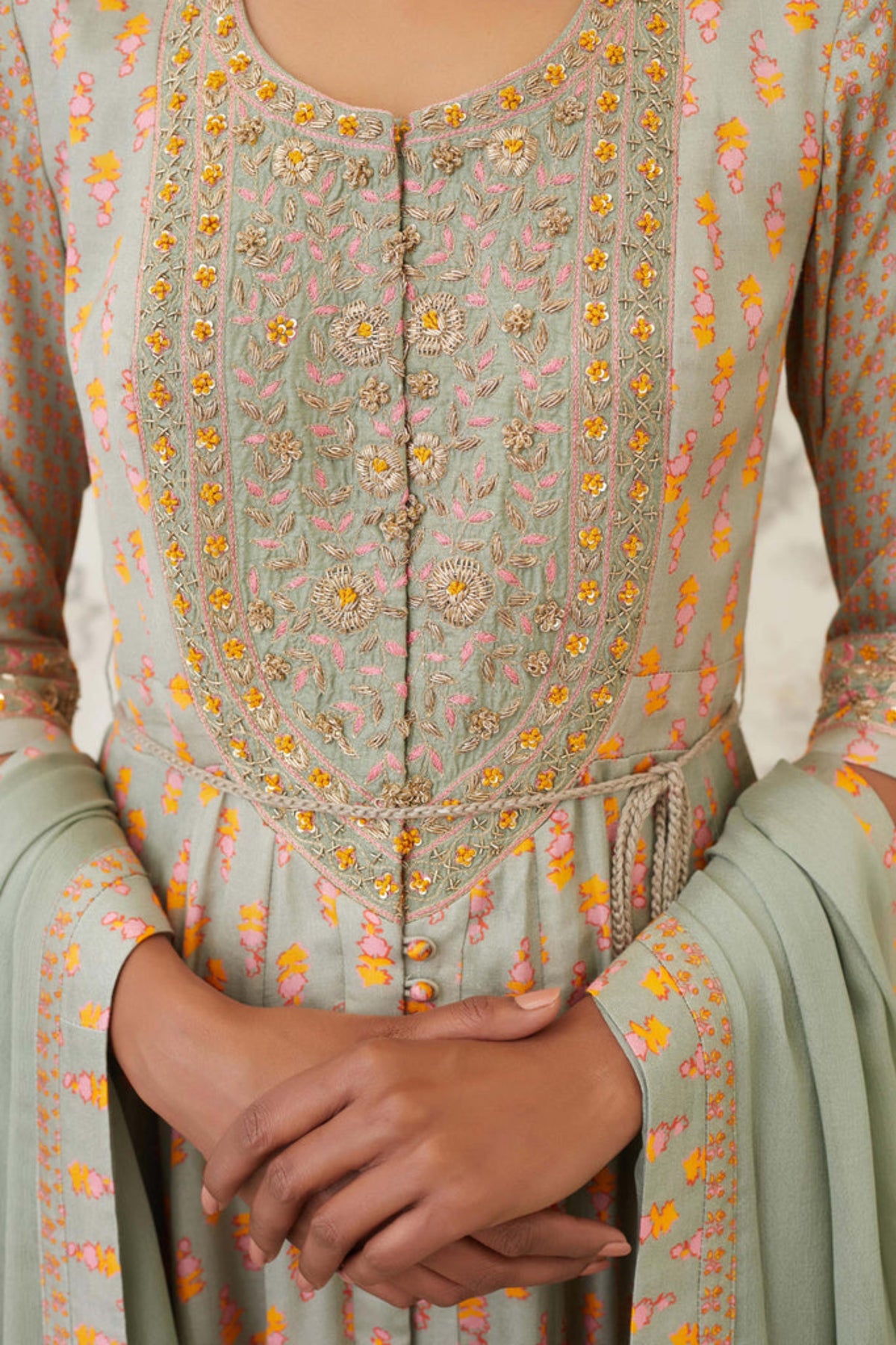 Light olive green zardozi anarkali set