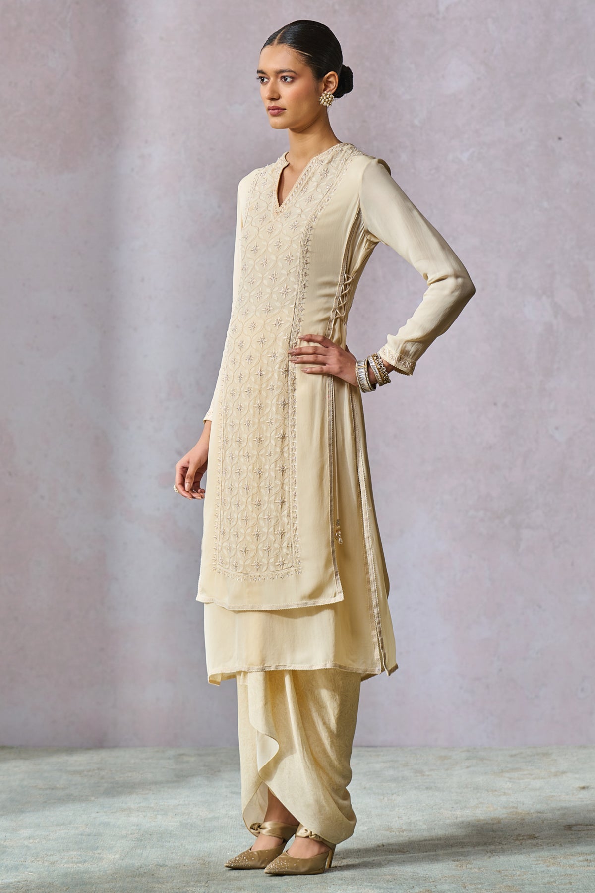 Ecru Double Layered Kurta With Dhoti
