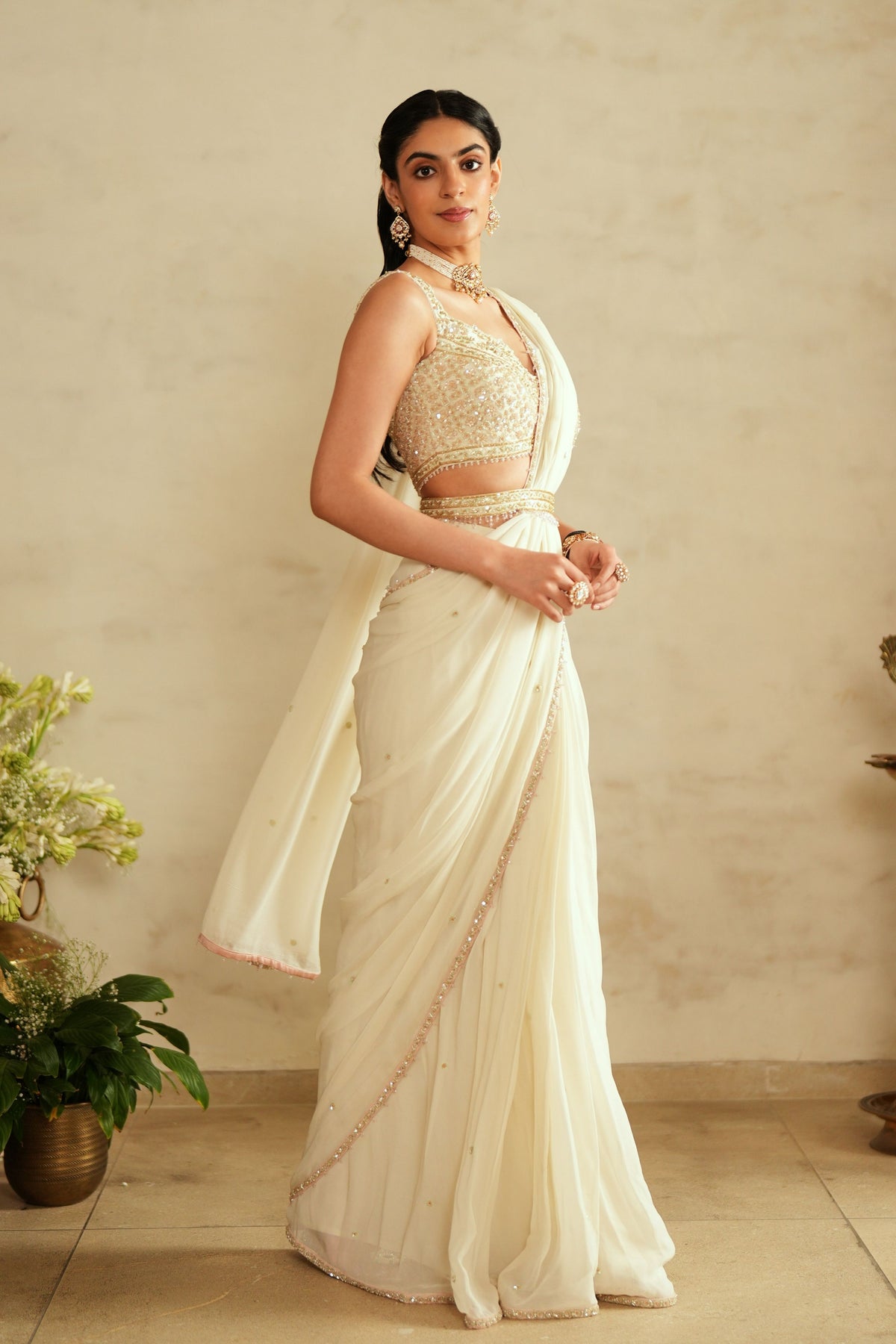 Chic Ivory Pre Draped Saree