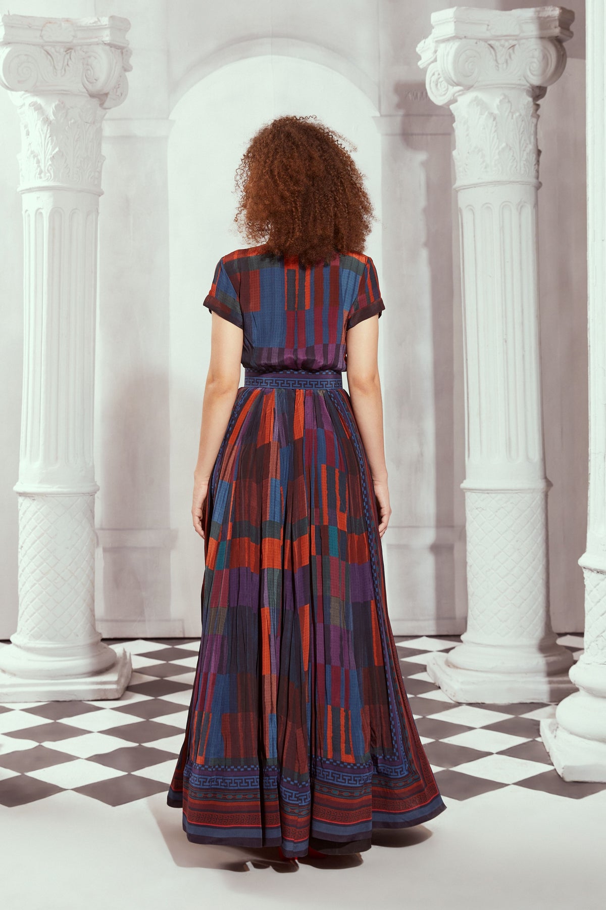 Tangerine Tile Print Long Dress With  Belt