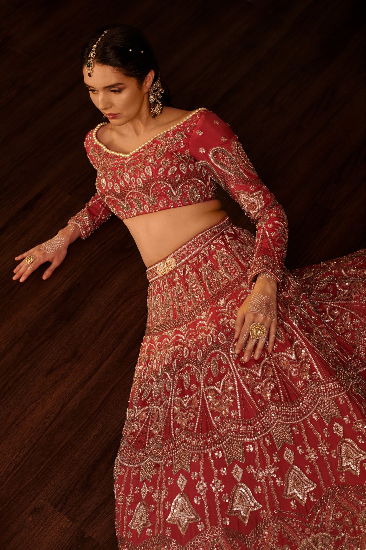 Tomato Red Embroidered Lehenga Set