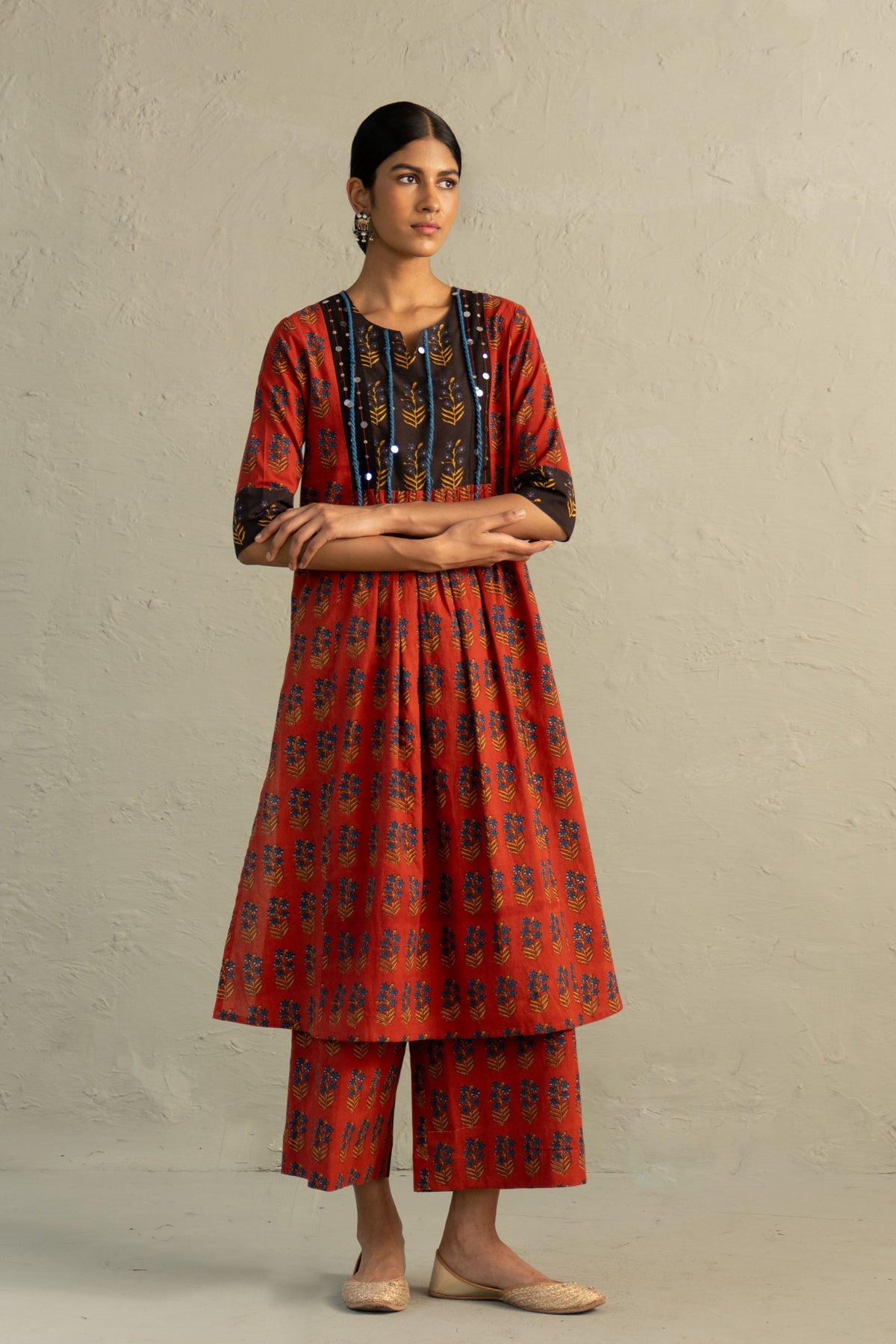 Red Hand Block Kurta Set