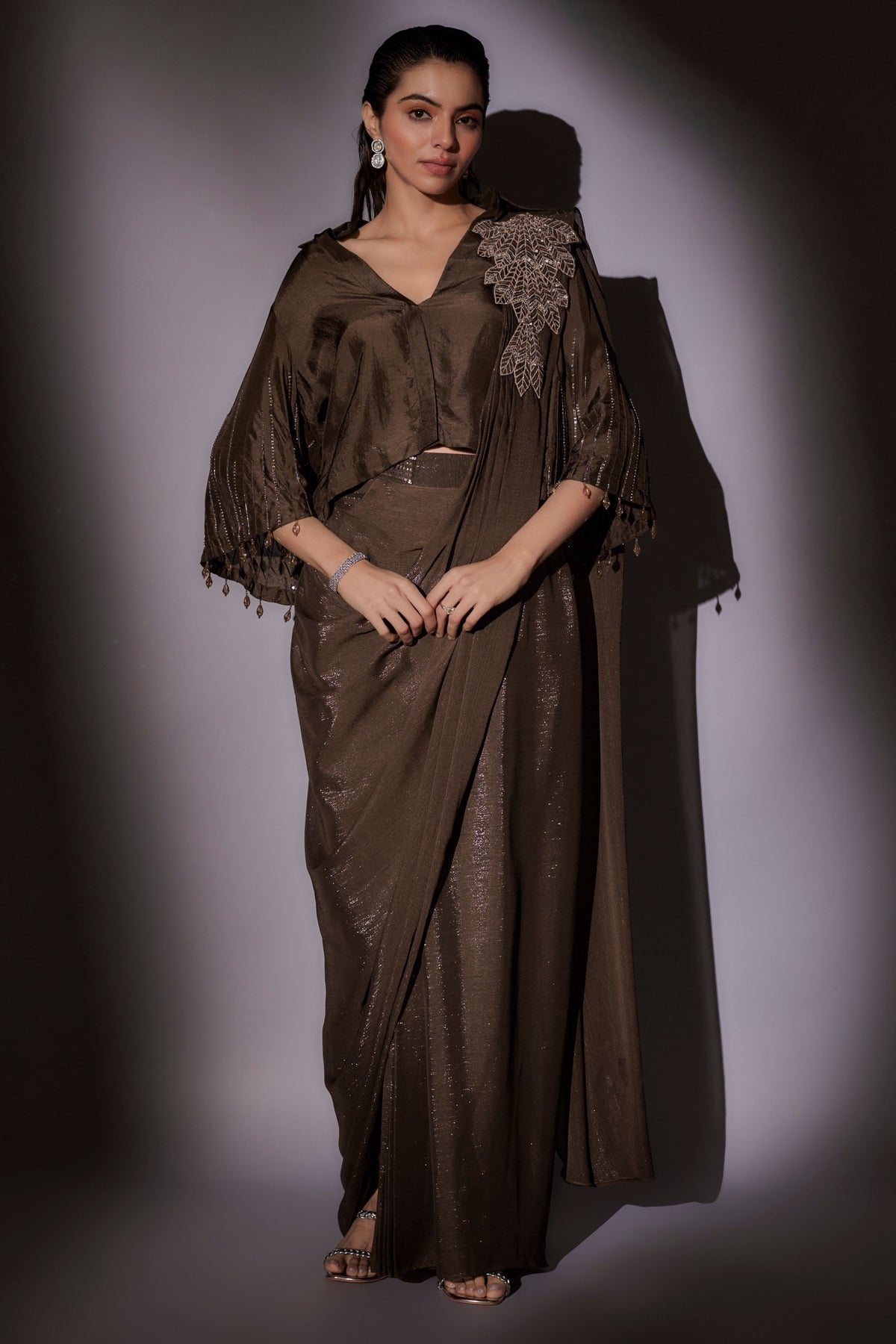 Coffe Pre-Draped Saree Set