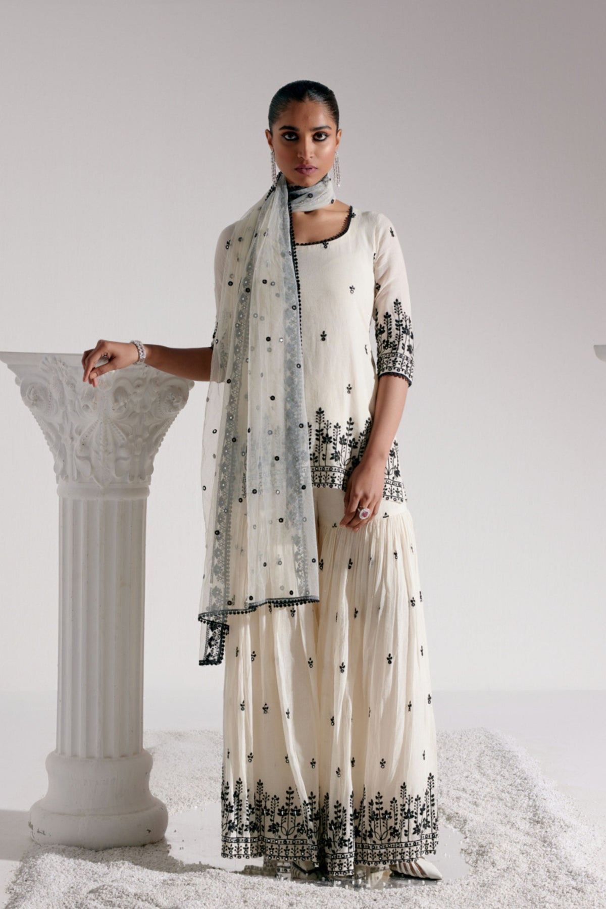 Lotus Straight Sharara Set in Black &amp; White