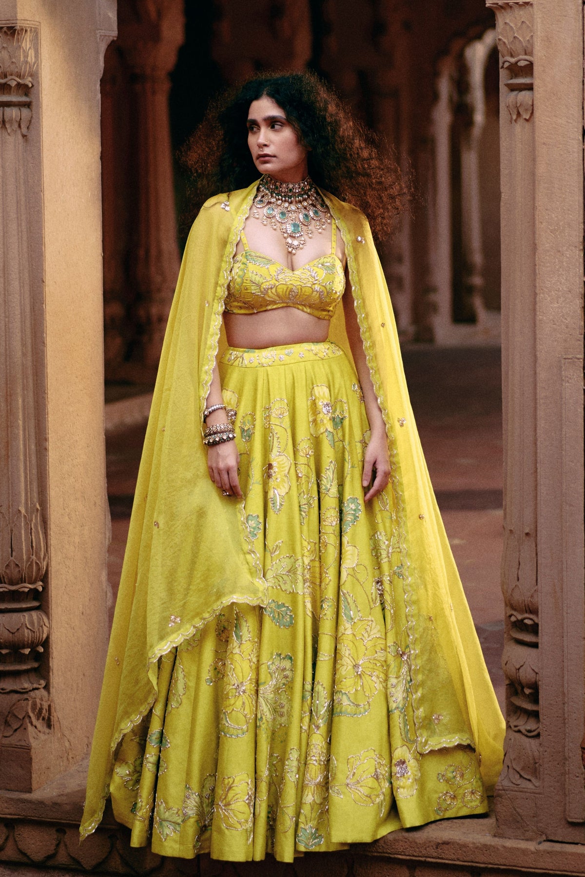 Lime Yellow Printed Lehenga Set