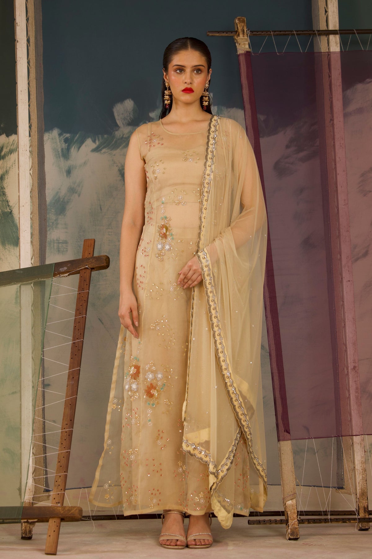 Beige Organza Kurta Set