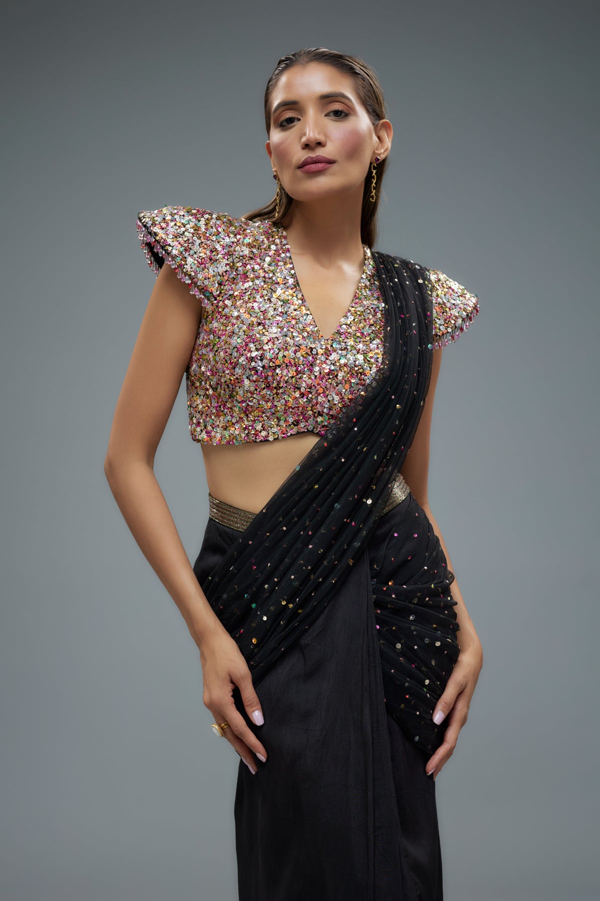 Black Embellished Saree Set
