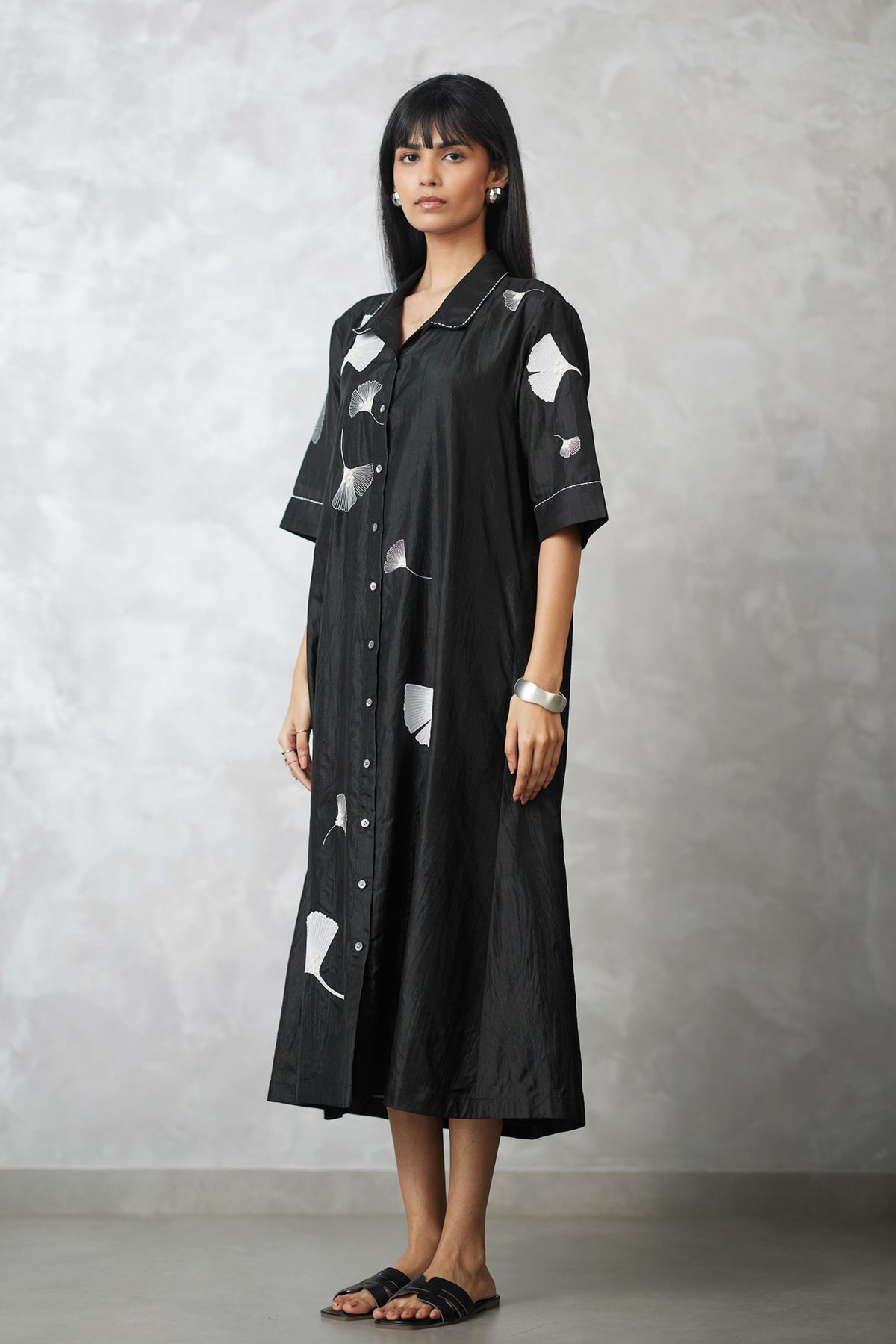 Ginkgo Crushed Silk Shirt Dress