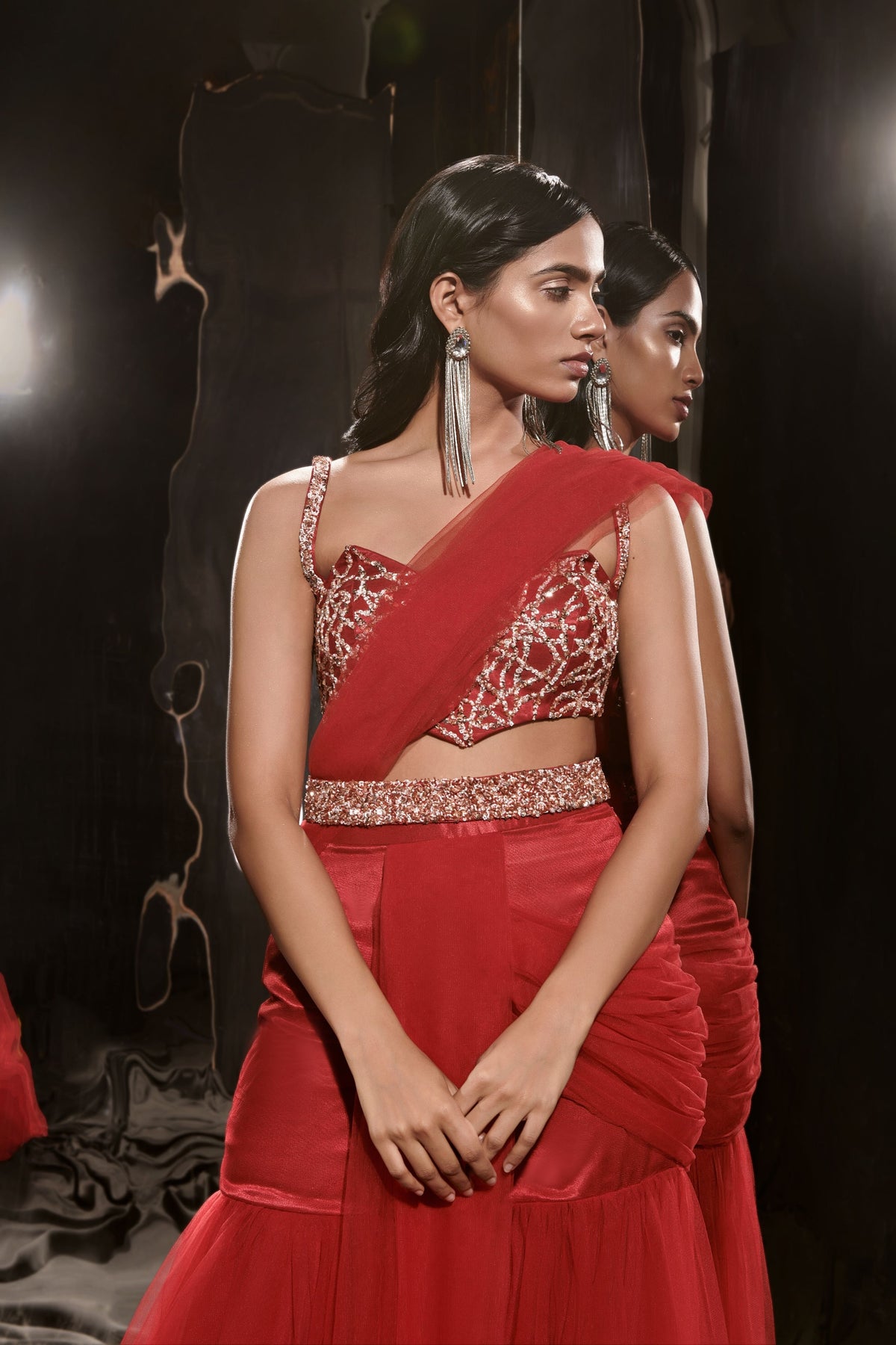 Red Sharara Saree Set