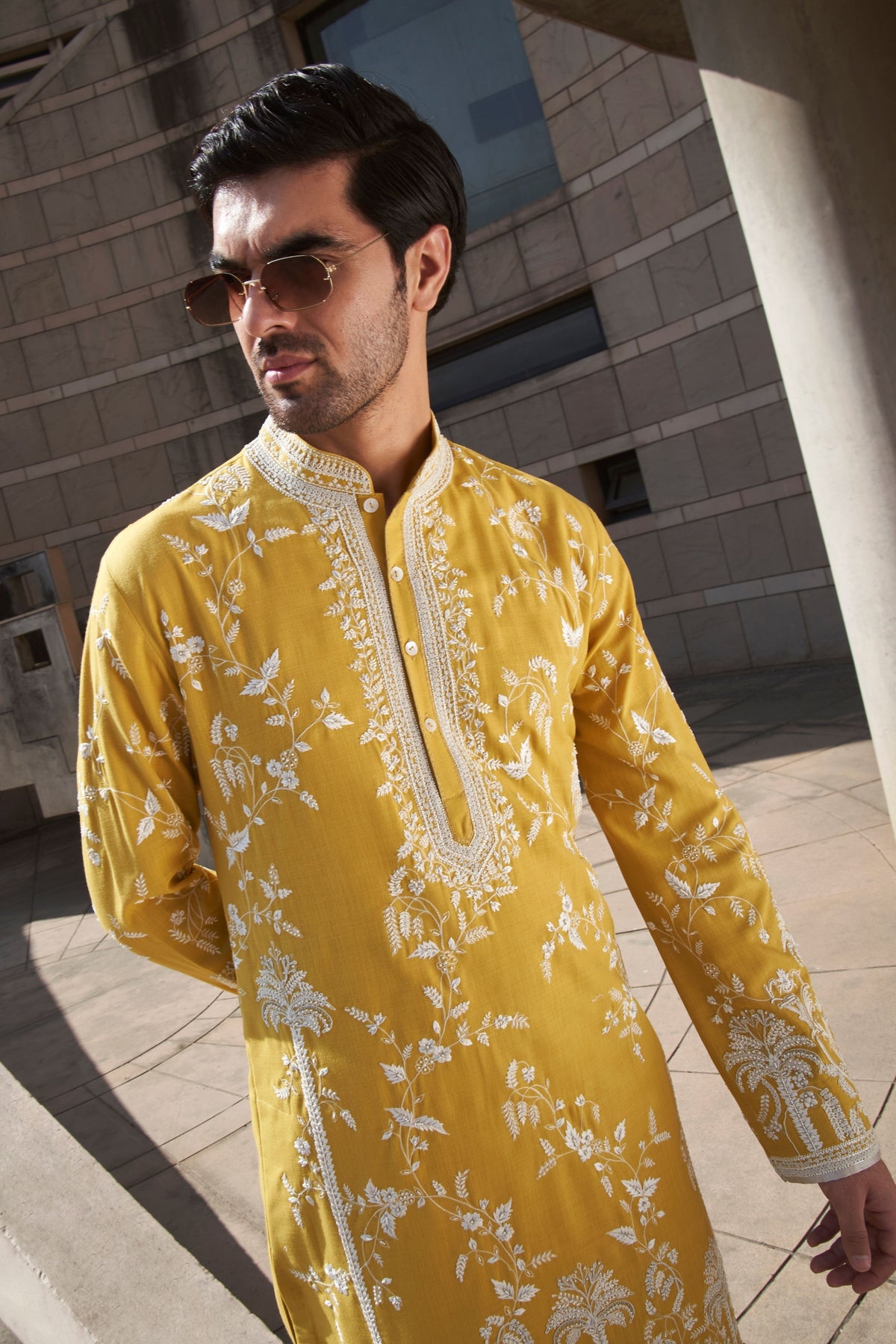Yellow Long Palm Tree Kurta Set