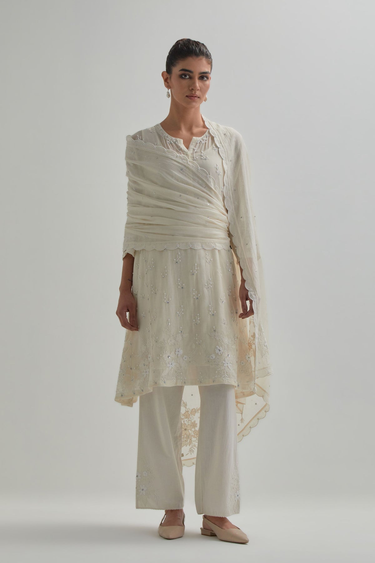 Off White Floral Short Kurta And Pants
