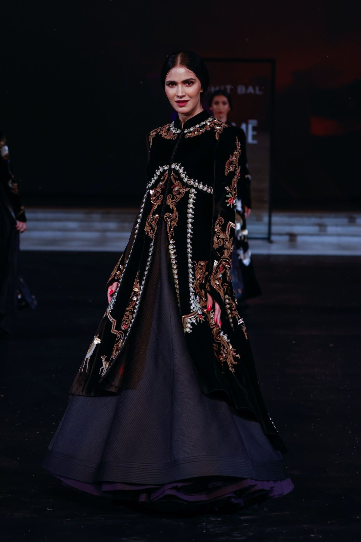 Black Embroidered Velvet Long Jacket