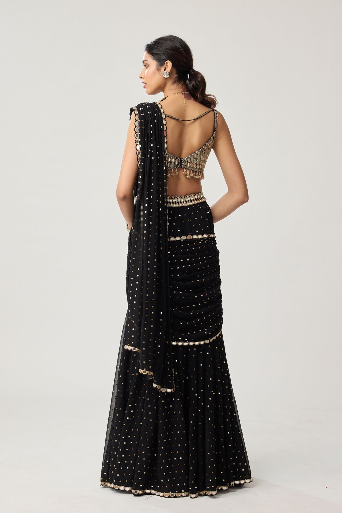 Black Flared Pants Draped Saree Set