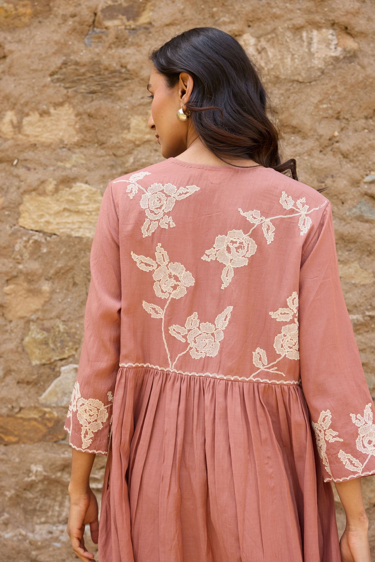 Brown Gathered Embroidered Kurta