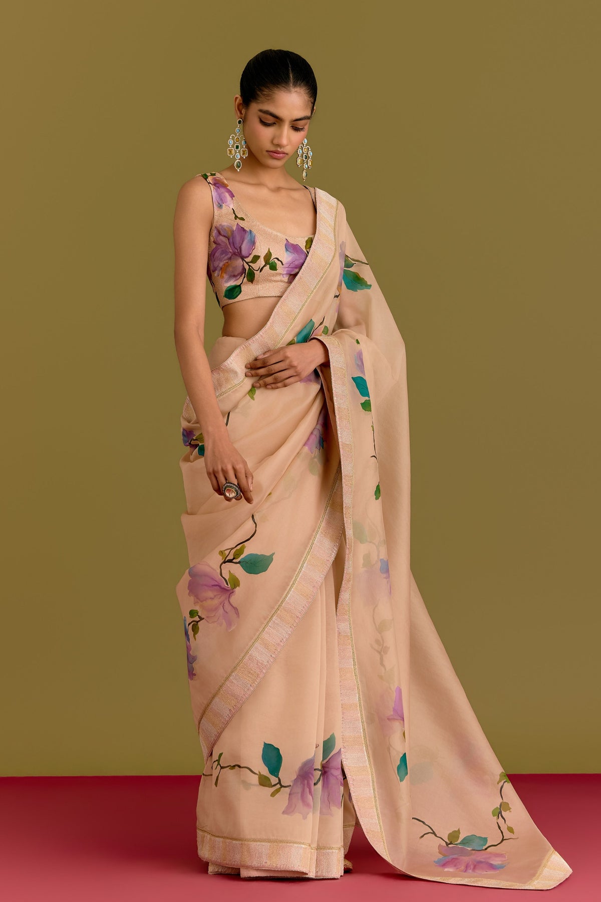 Beige Hand Painted Saree Set