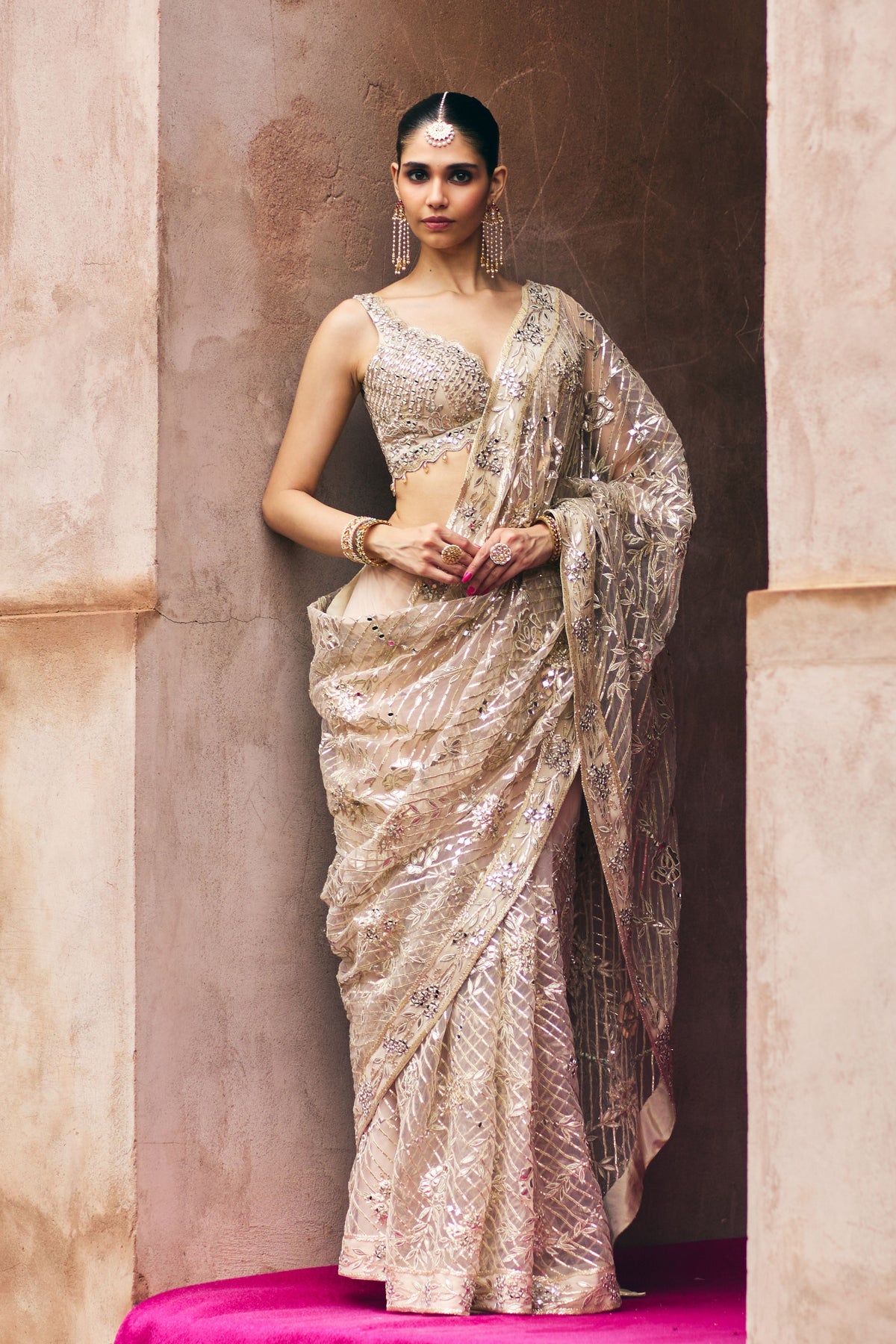 Rose Gold Net Saree Set