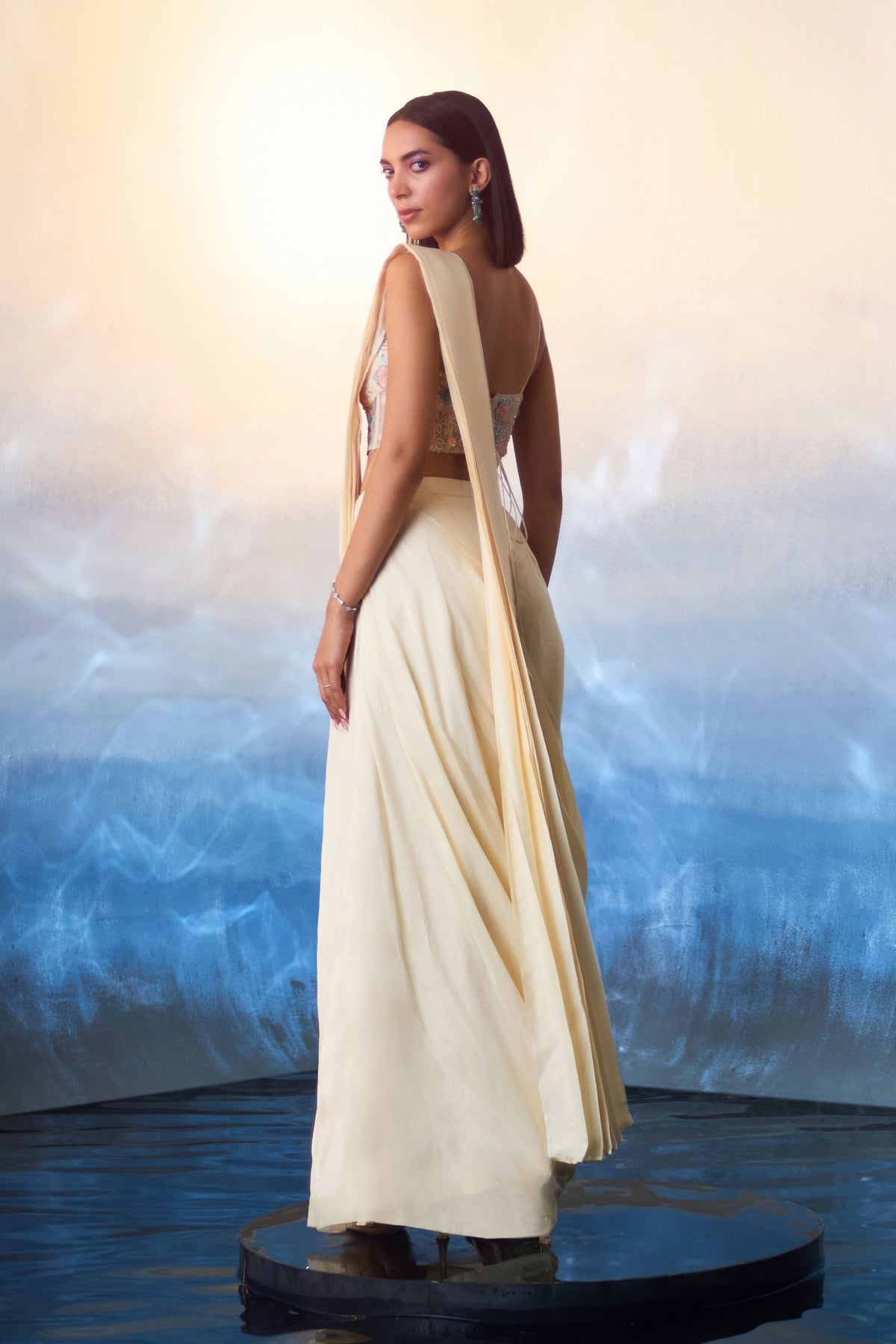 Champagne Drape Saree Set