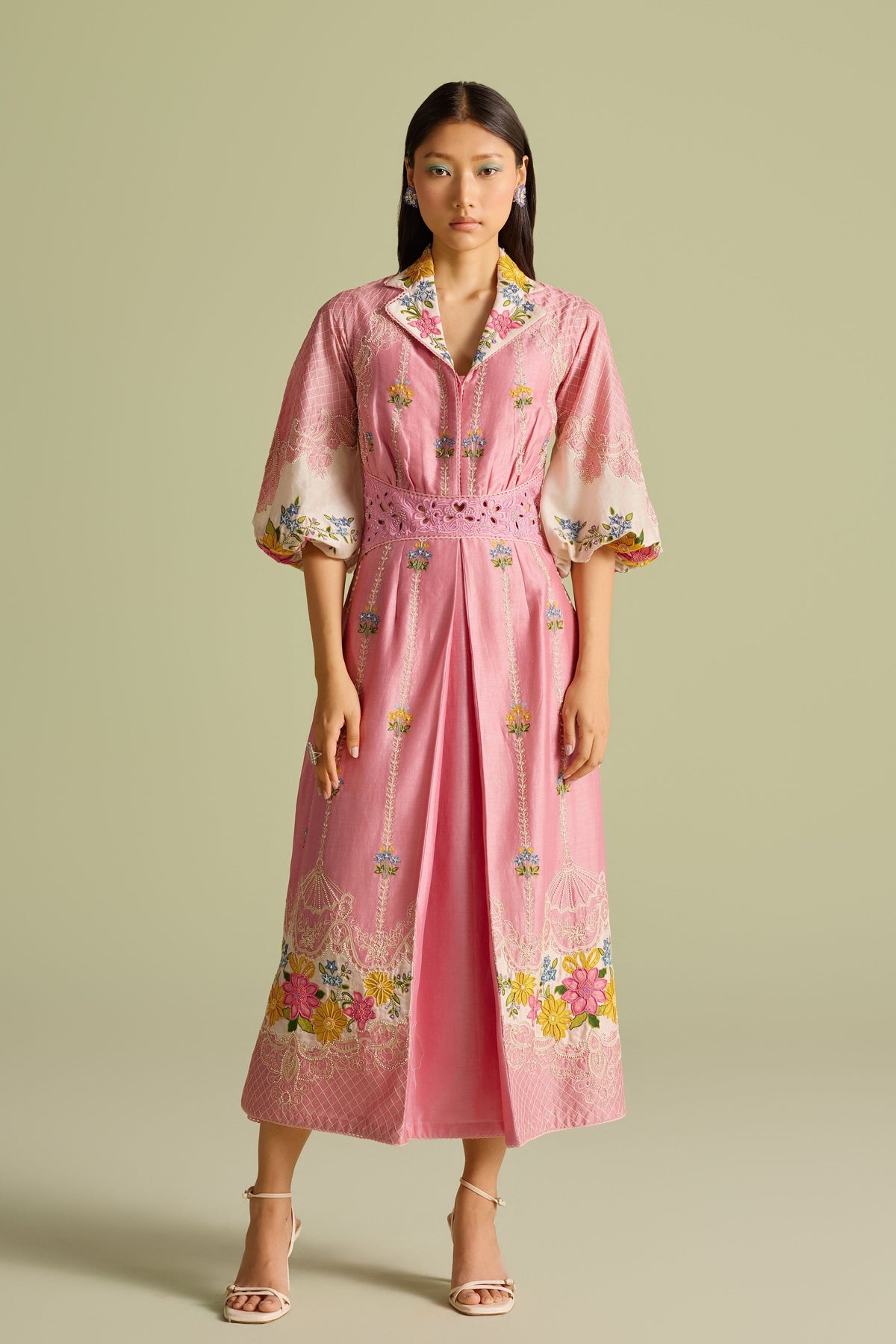 Pink Color Block Embroidered Dress