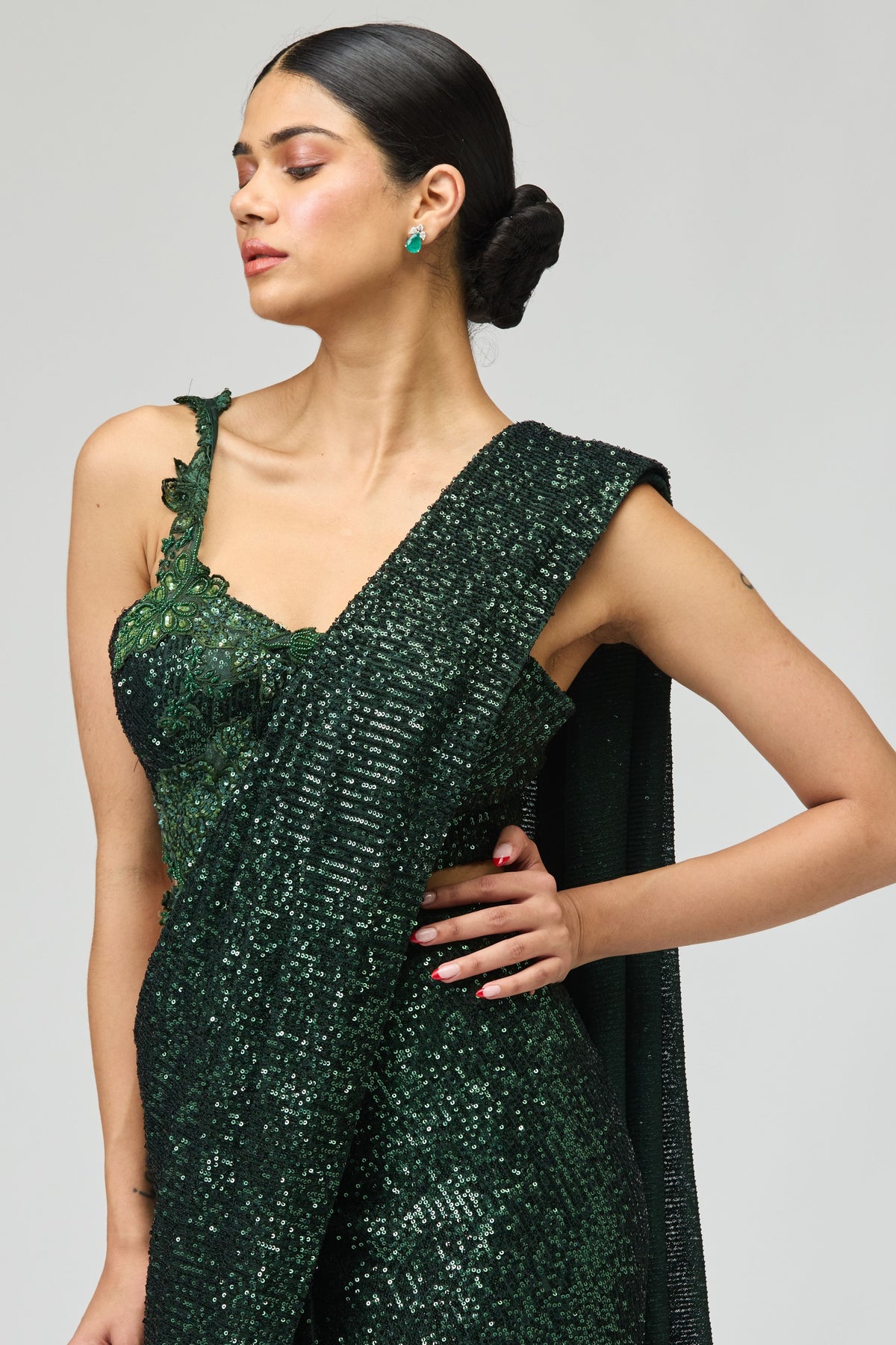Dark Green Sequin Saree Set