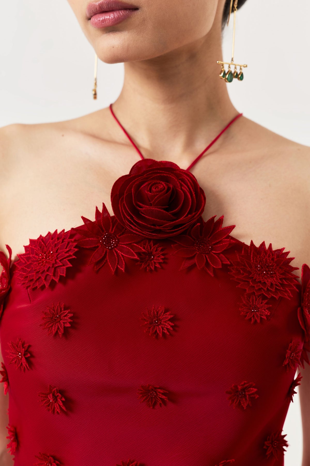 3d Floral Halter Red Skirt Set