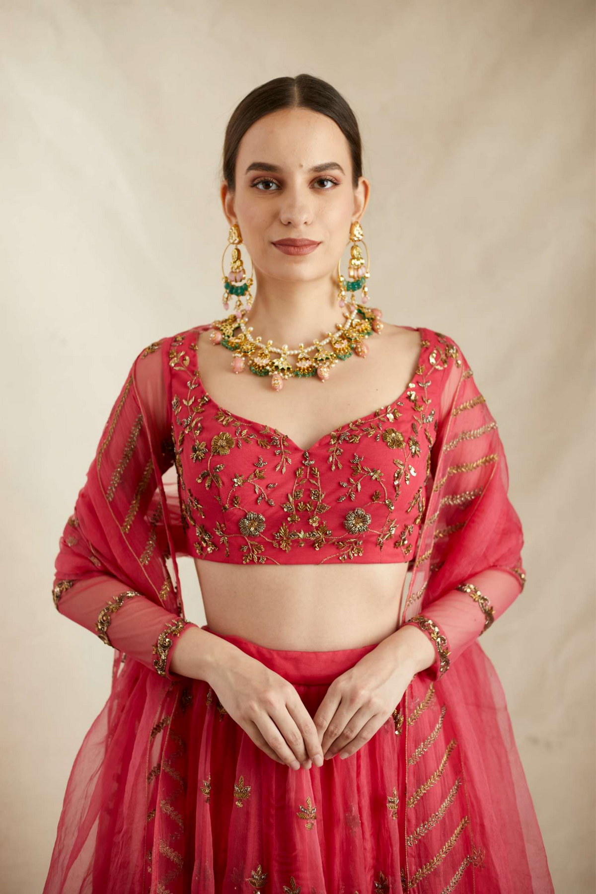 Carmine Pink Organza Lehenga Set