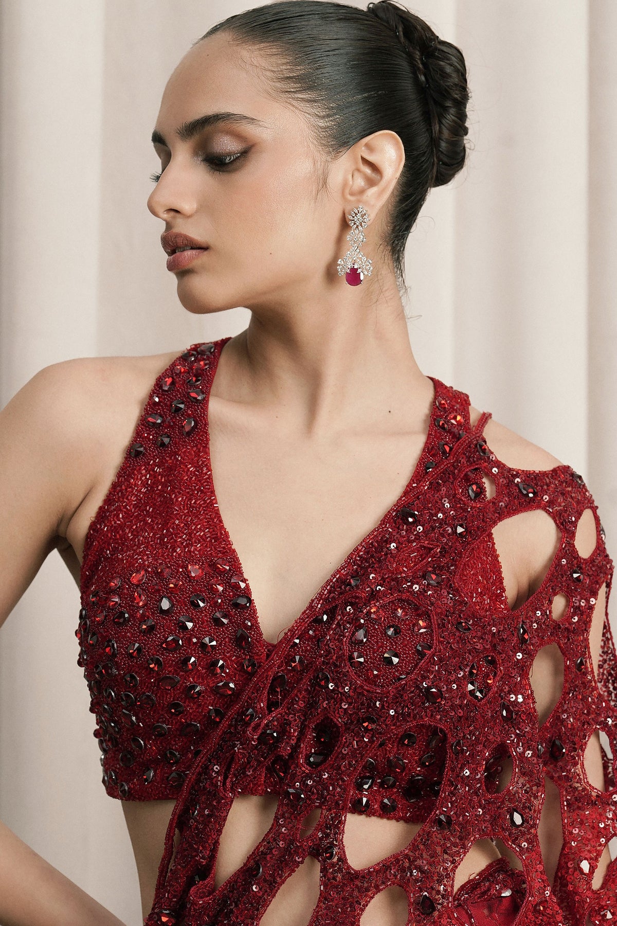Red Teardrop Crystal Net Saree Set