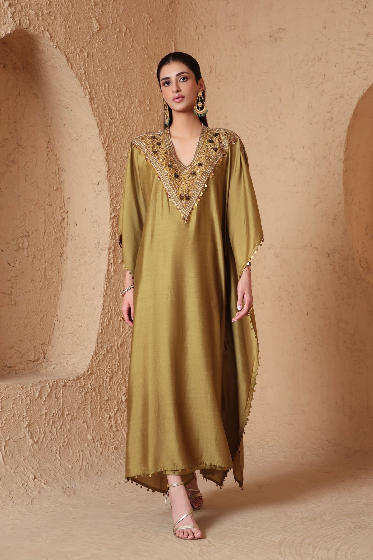 Olive Green V Neck Kaftan Set
