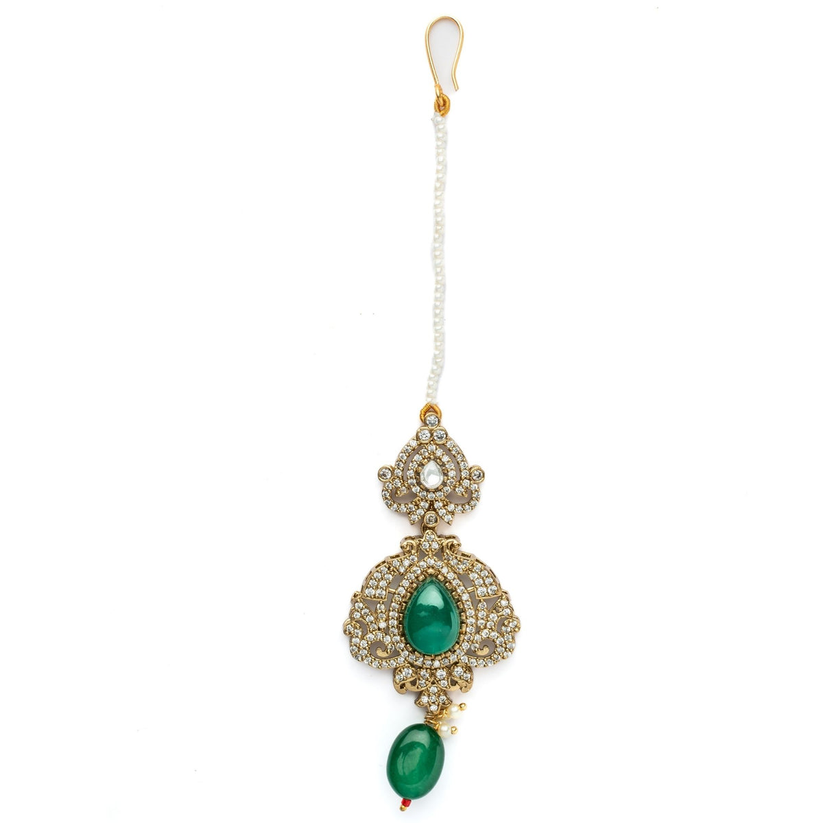 Gold Plated Green Necklace Set With Maangtikka