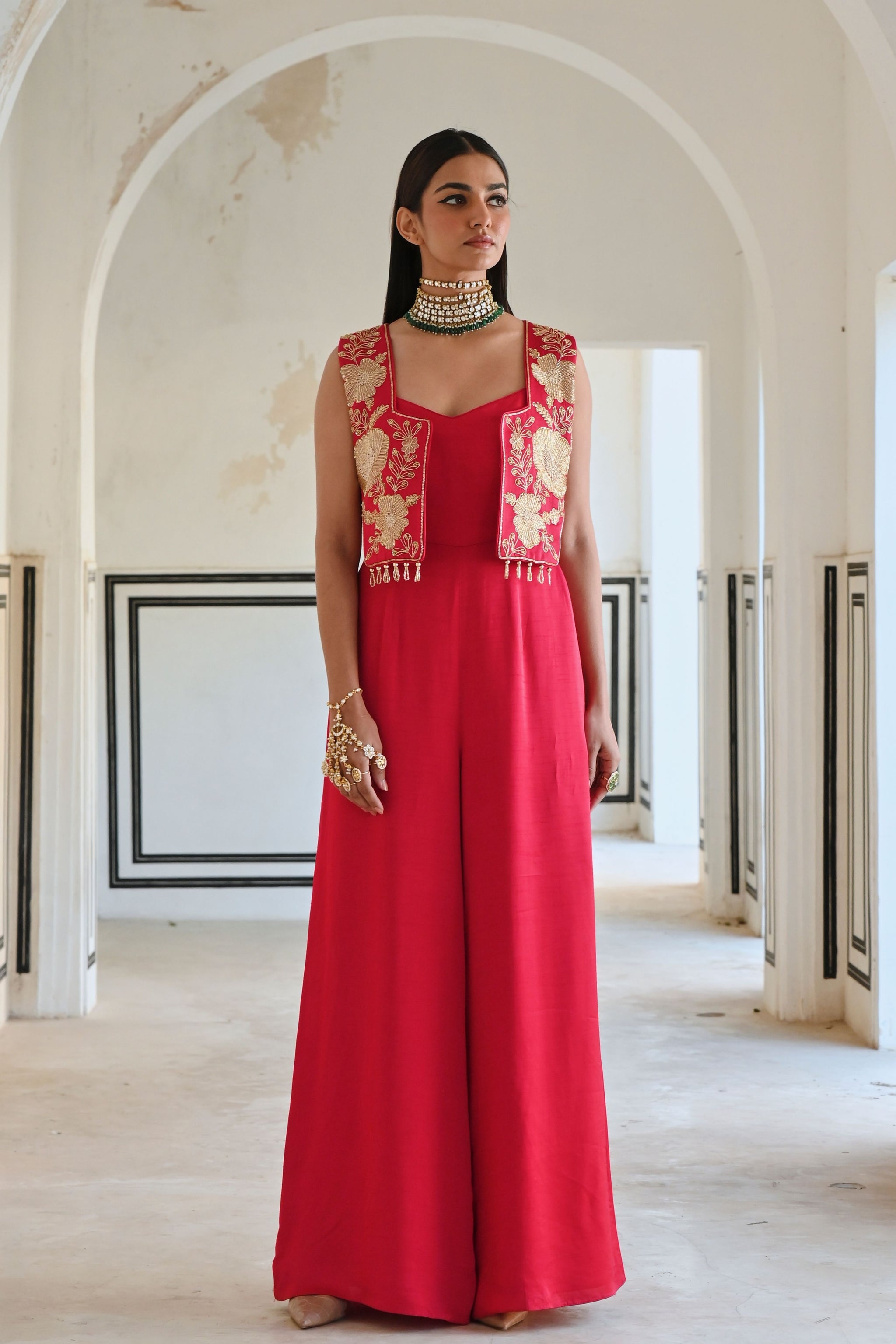 Ease - Red Embroidered Jumpsuit With Jacket - Elahe Ease - Red Embroidered Jumpsuit With Jacket - Elahe