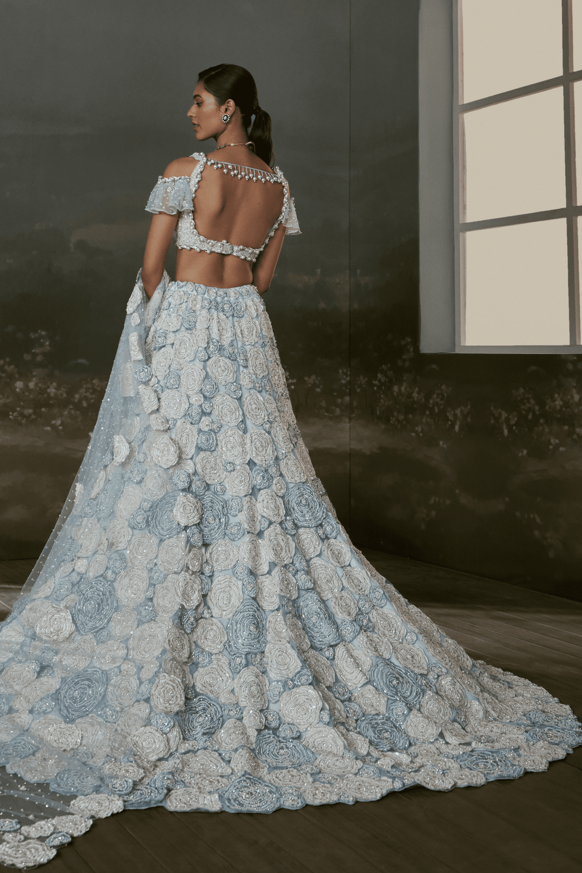 Powder Blue White Trail Lehenga Set