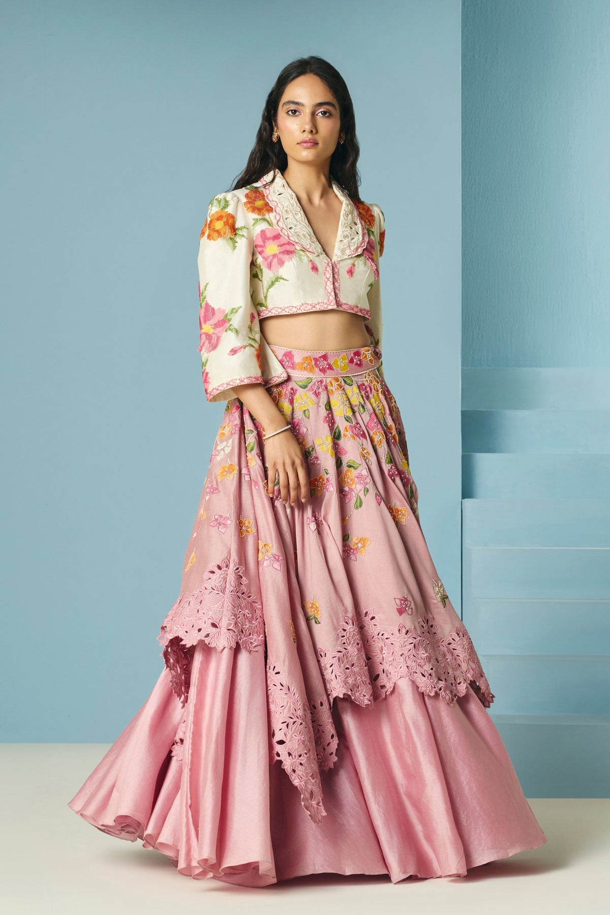 Blush Bougainvillea Layered Lehenga