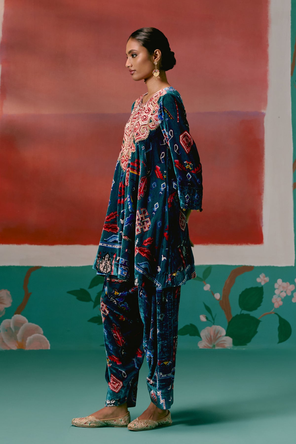 Teal Aztec Velvet Tunic Set