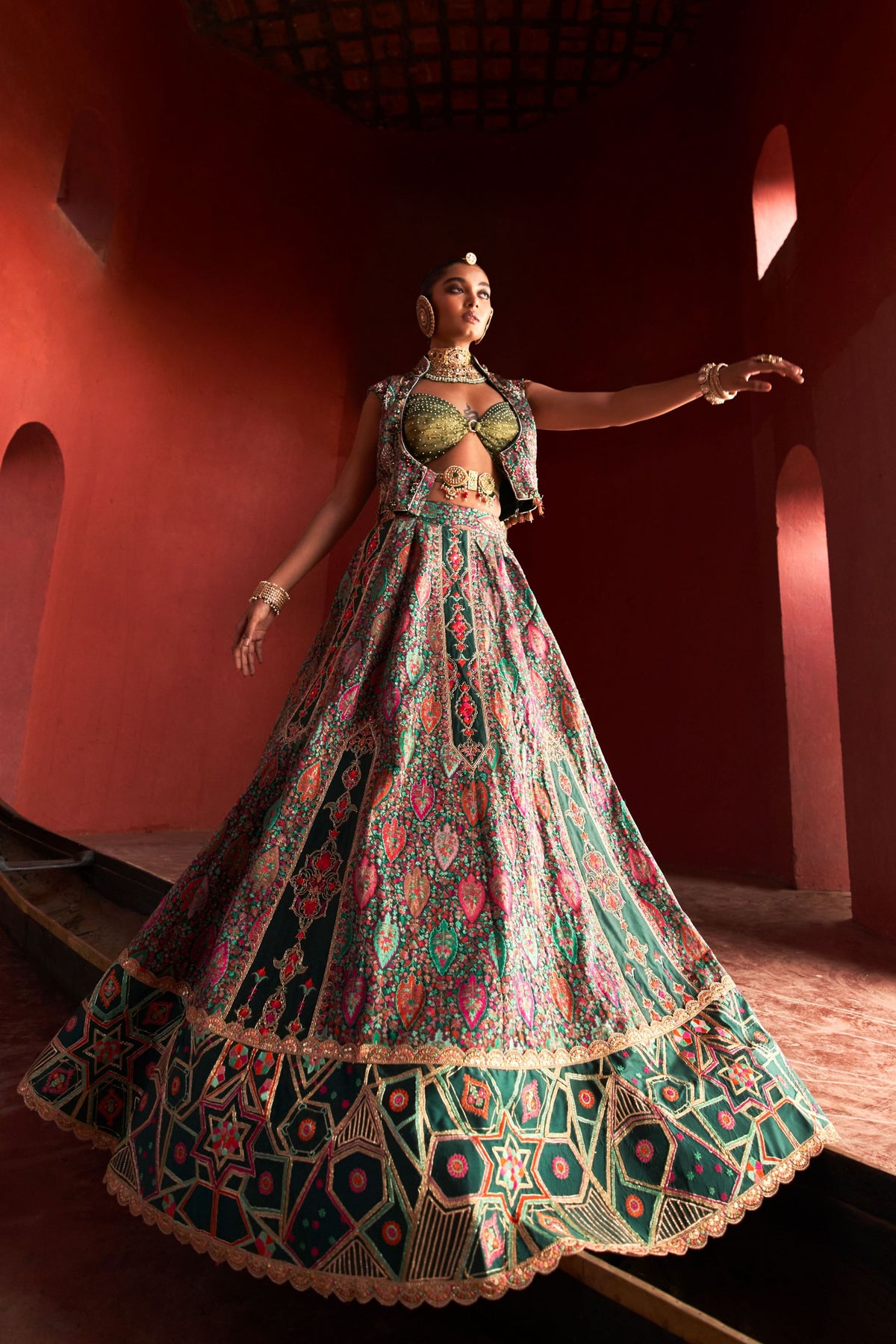 Jamawar Green Lehenga Set