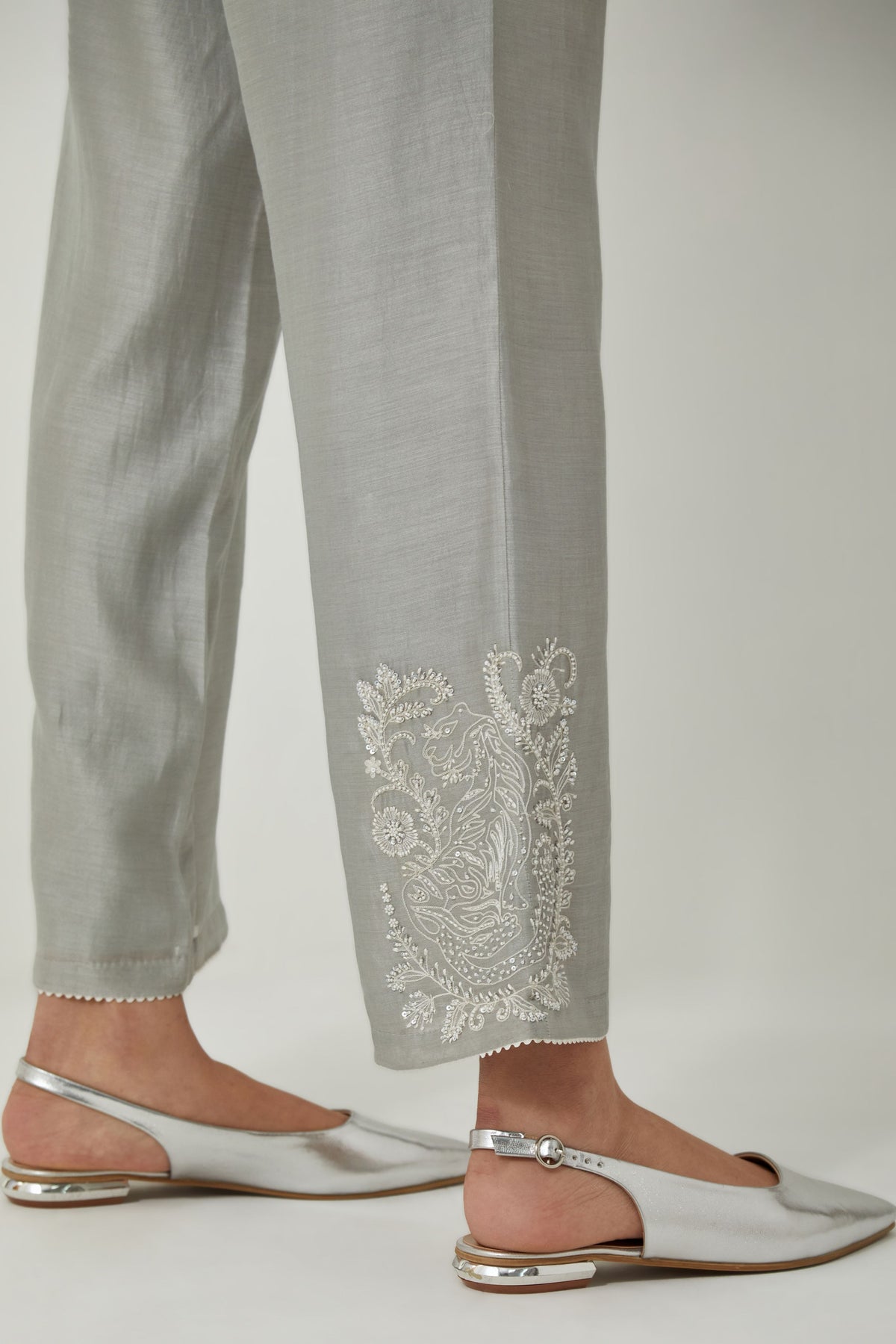 Grey Silk Chanderi Straight Pants