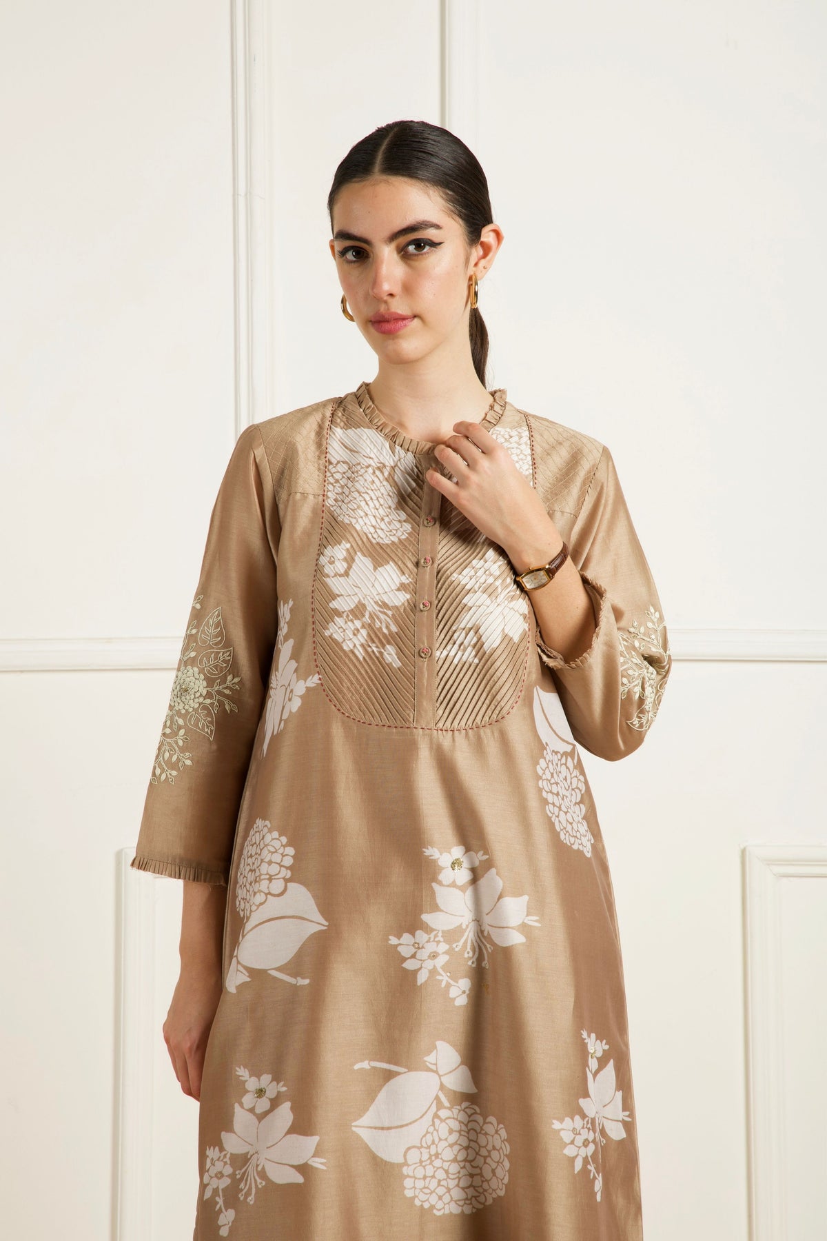 Beige Pleated Yoke Tunic With Pants