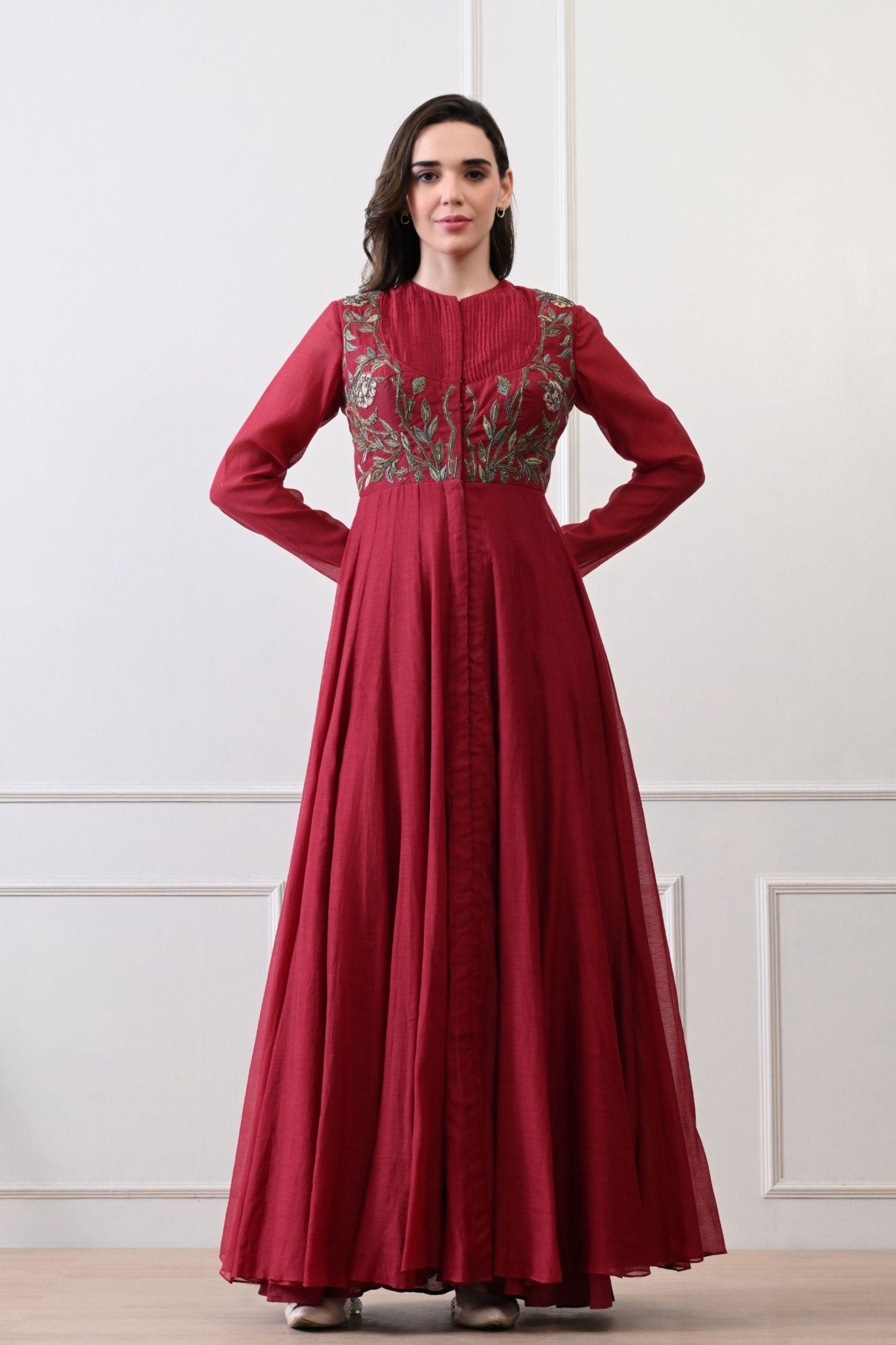 Maroon Silk Embroidered Anarkali - Samant Chauhan - Elahe